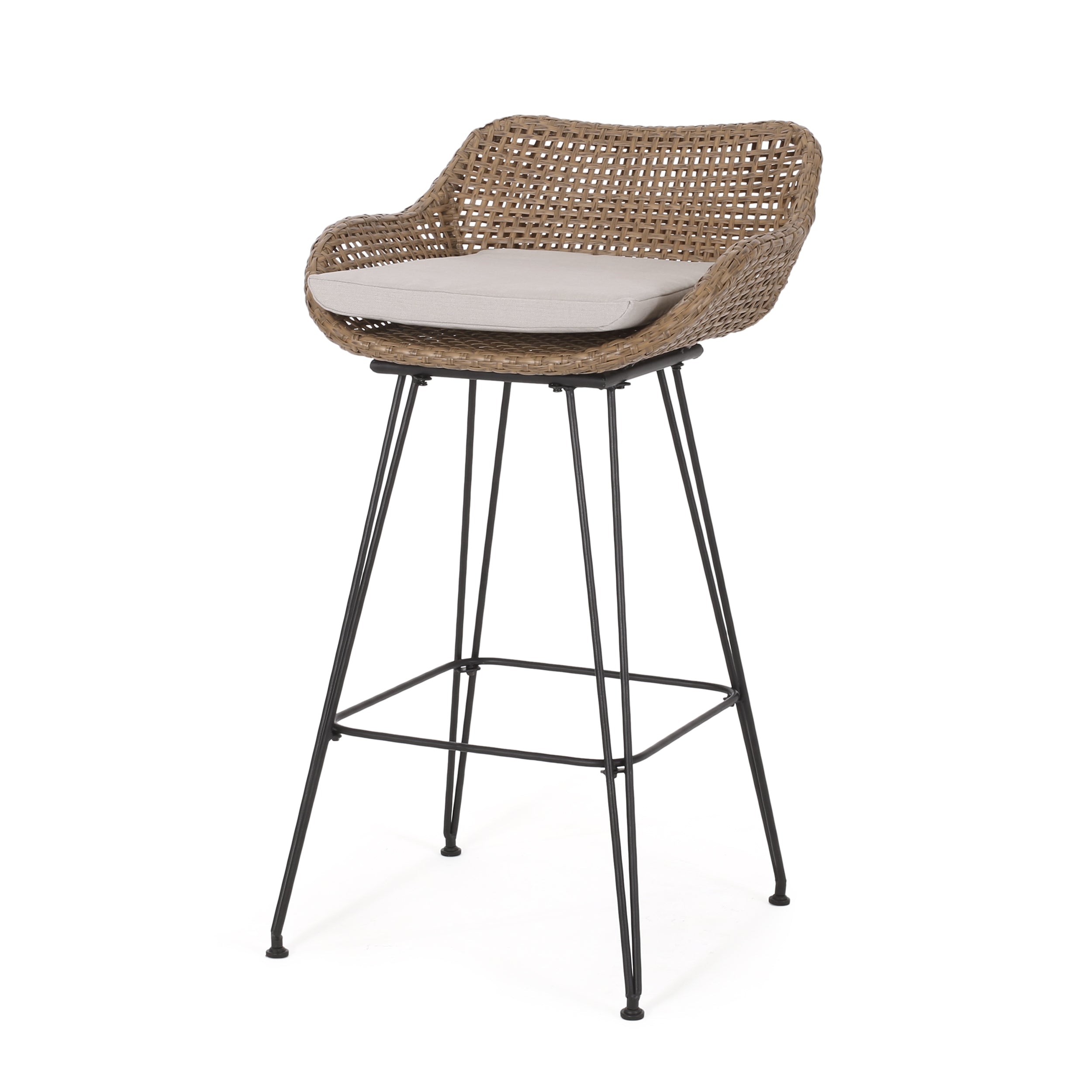 29.25" Outdoor Wicker and Iron Low Back Barstools, Light Brown, with Beige Cushion (Set of 2)