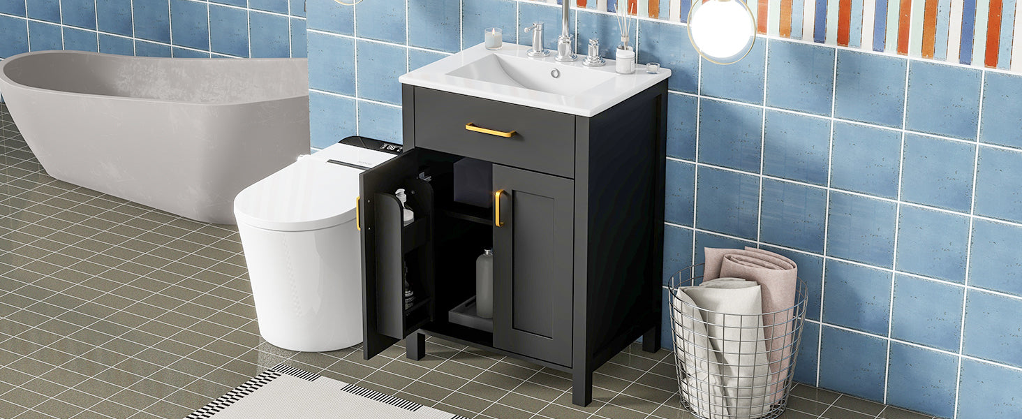 24"Bathroom Vanity Combo with Ceramic sink, Luxurious Space-Saving Vanity - W24"*D18"*H34"inch, 2 Soft Close Doors