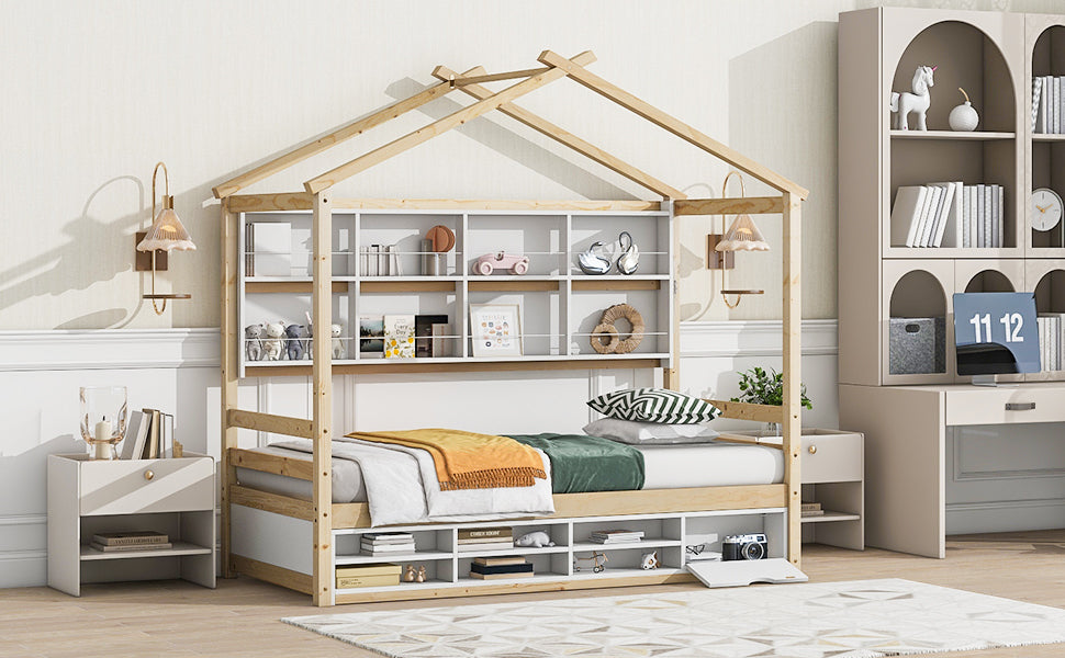 Twin House Bed with Roof Frame, Bedside-shelves, Under Bed Storage Unit,Natural