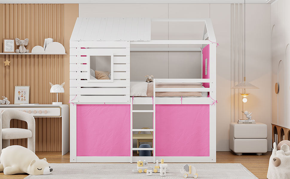 Full Size Bunk Wood House Bed with Tent, Pink+White