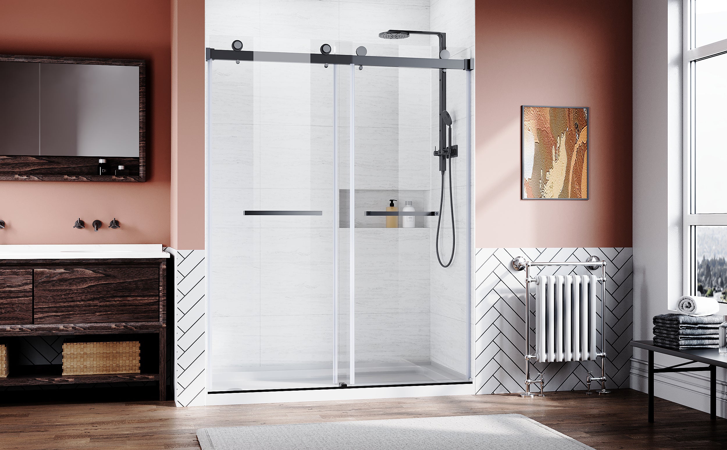 Frameless Sliding Shower Glass Door 56-60"W x 76"H,3/8"(10mm) Thick Clear Tempered Glass,Heavy Duty Stainless Steel Hardwares,Matte Black,Bypass Shower Enclosure