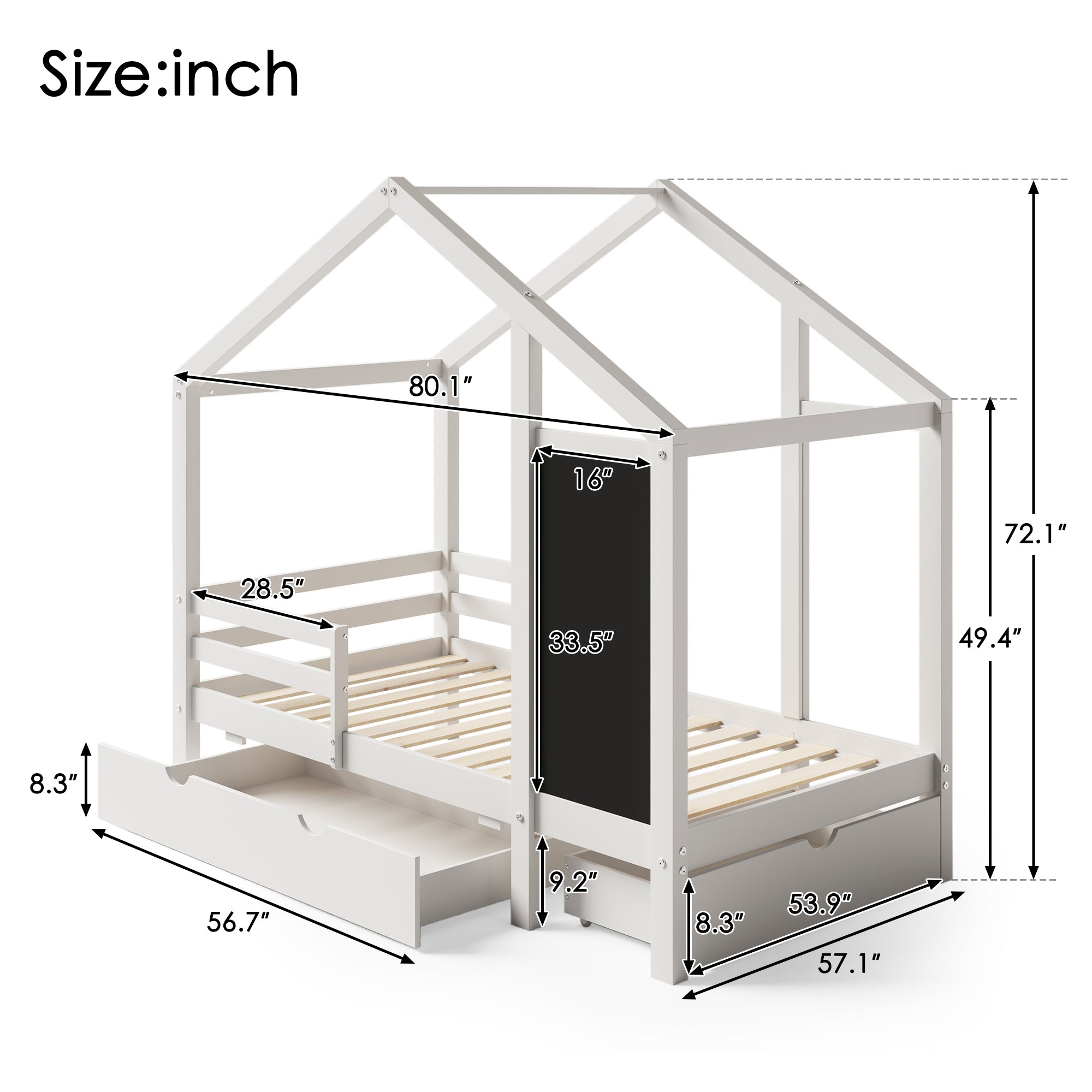 Full House Bed with Blackboard and Drawers, Two assembly options, White