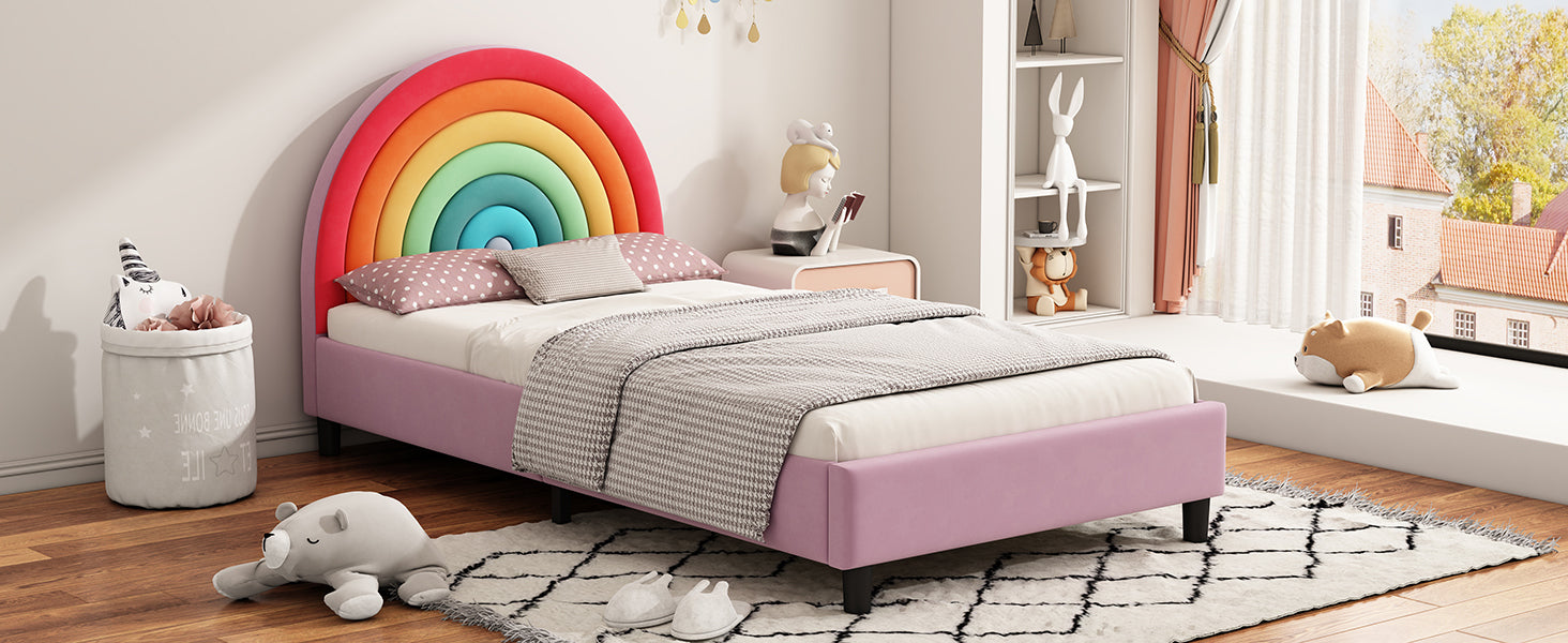 Rainbow Design Upholstered Twin Platform Bed Cute Style Princess Bed for Boys & Girls, Teens, Colorful & Pink