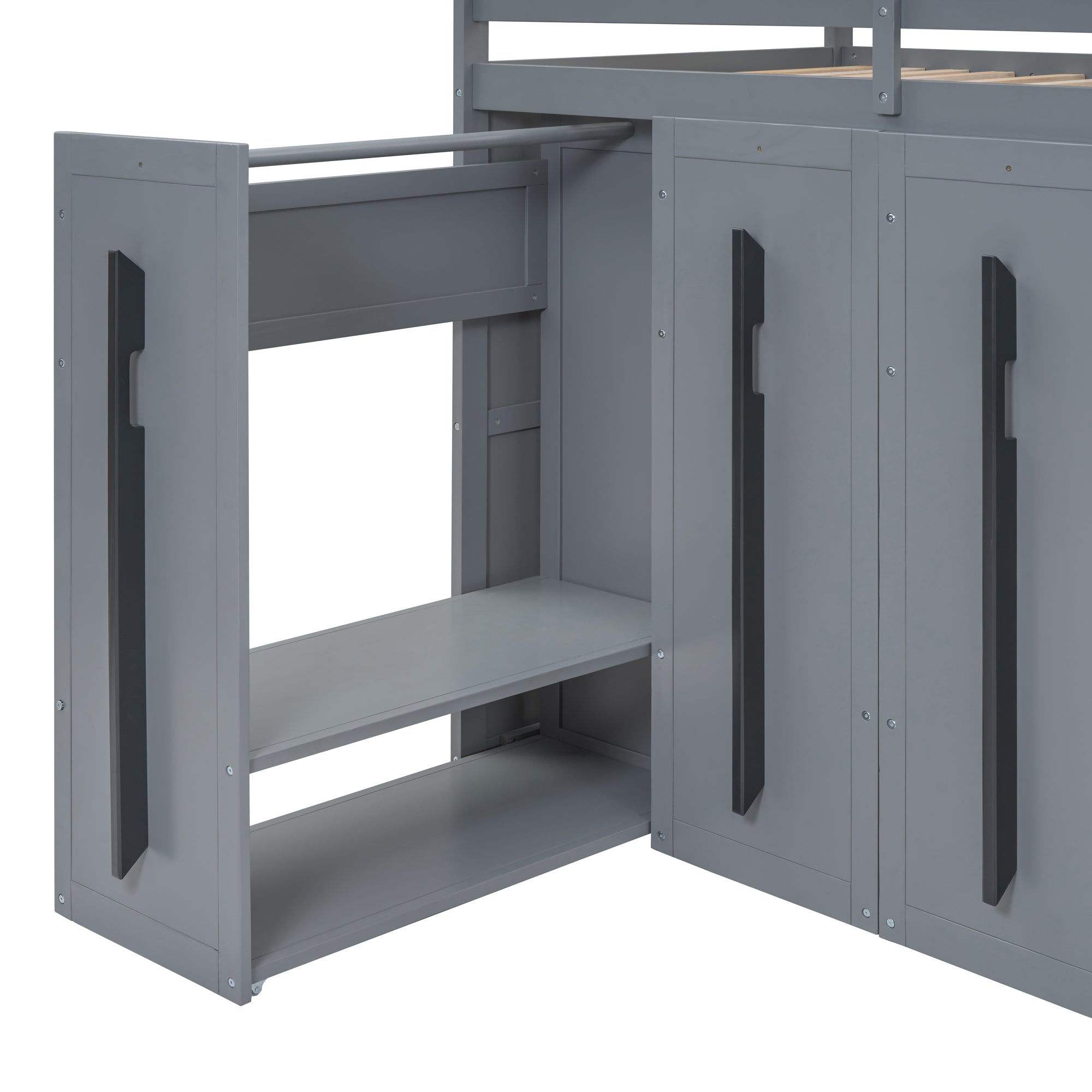 Modern Loft Bed with Two-Tone Storage Stairs and Pull-Out Wardrobes, Gray