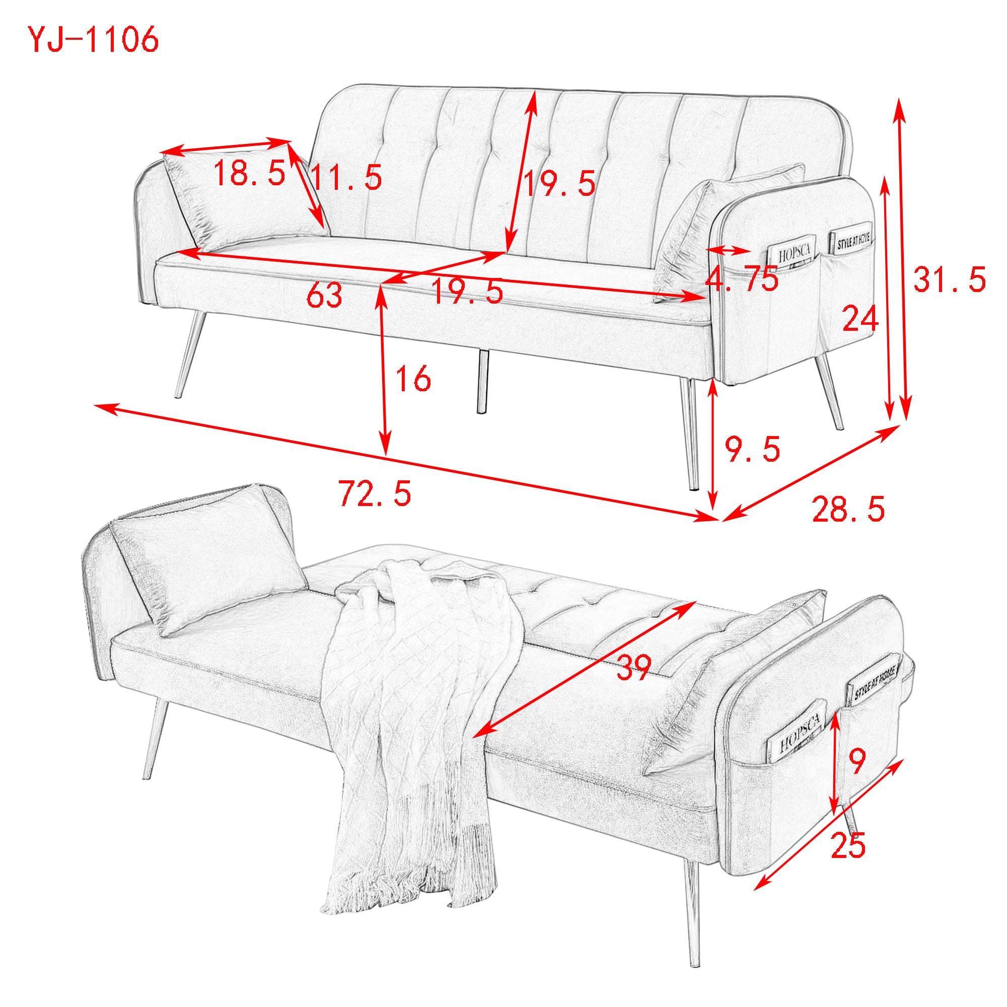 72.5"  Convertible Sofa Bed, Adjustable Velvet Sofa Bed - Velvet Folding Lounge Recliner - Reversible Daybed  - Ideal for Bedroom with Two Pillows and Center Legs