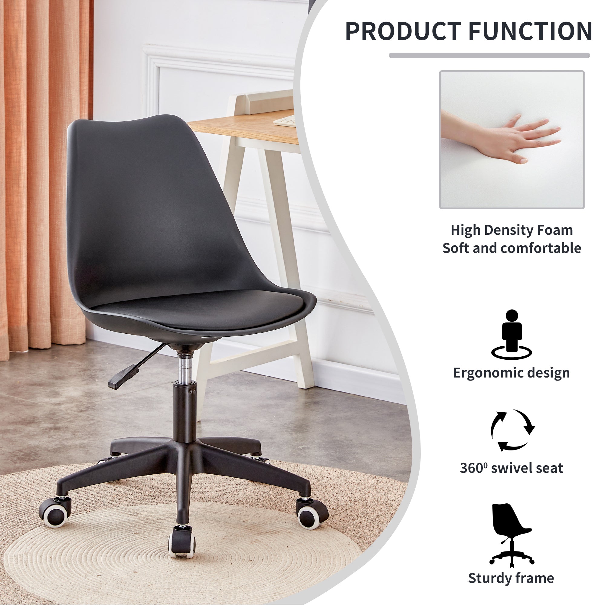 Modern family black Office chair, adjustable 360 ° swivel chair engineering plastic armless swivel computer chair, suitable for living room, bedroom, office, hotel dining room