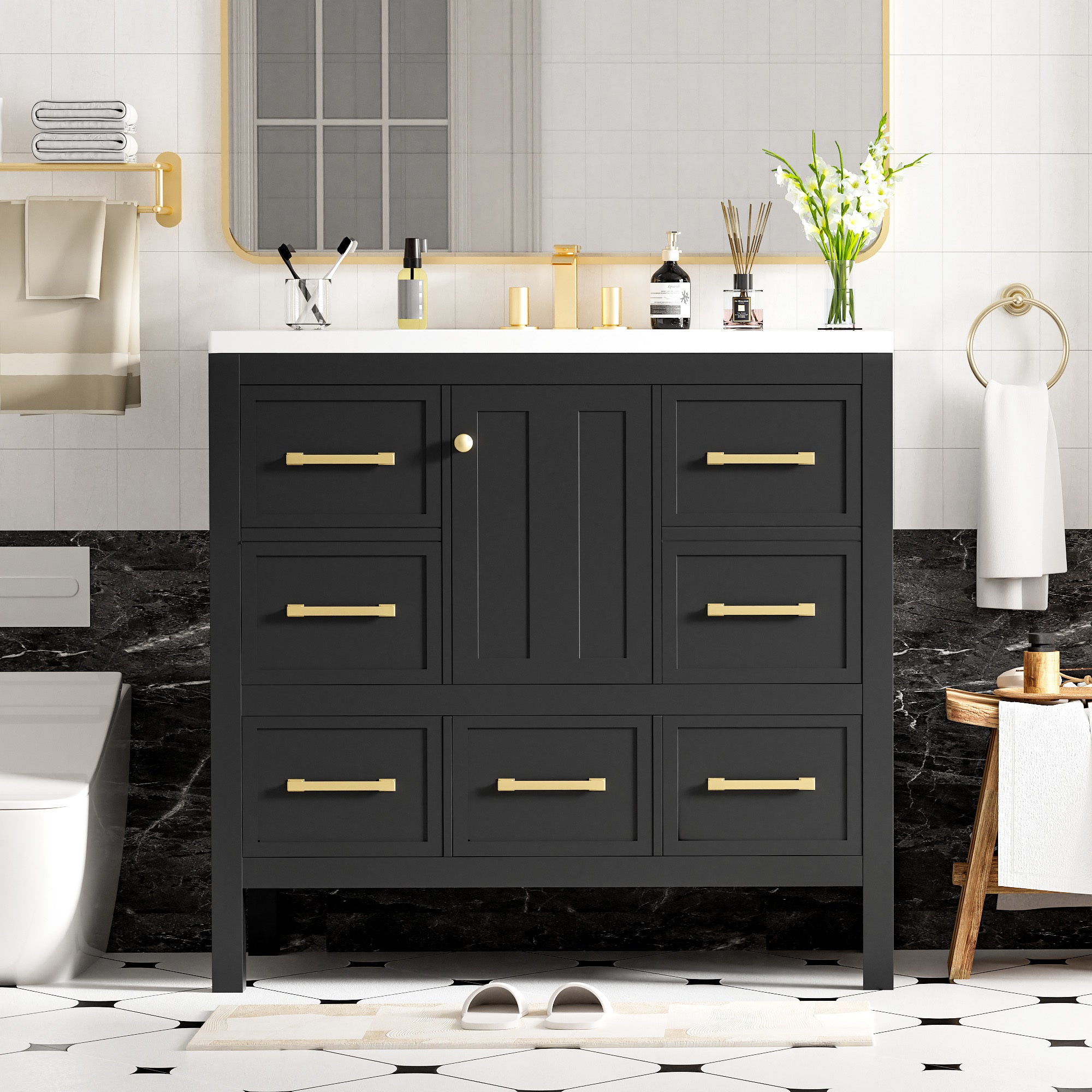 36'' Bathroom Vanity with Resin Sink Combo, Solid Wood Frame Bathroom Storage Cabinet, Freestanding Vanity Set with 5 Drawers& Soft Closing Doors (Same as N710S136002B )