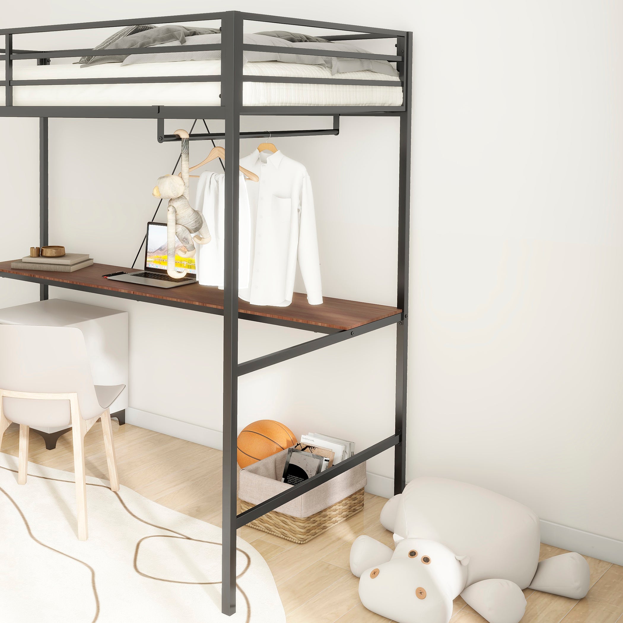 Adam Sturdy Twin Loft Bunk Black with Cinnamon Wood Desk and Closet Rod for Adult and Kids, and Easy Climbing with Sturdy Ladder, Space Saving