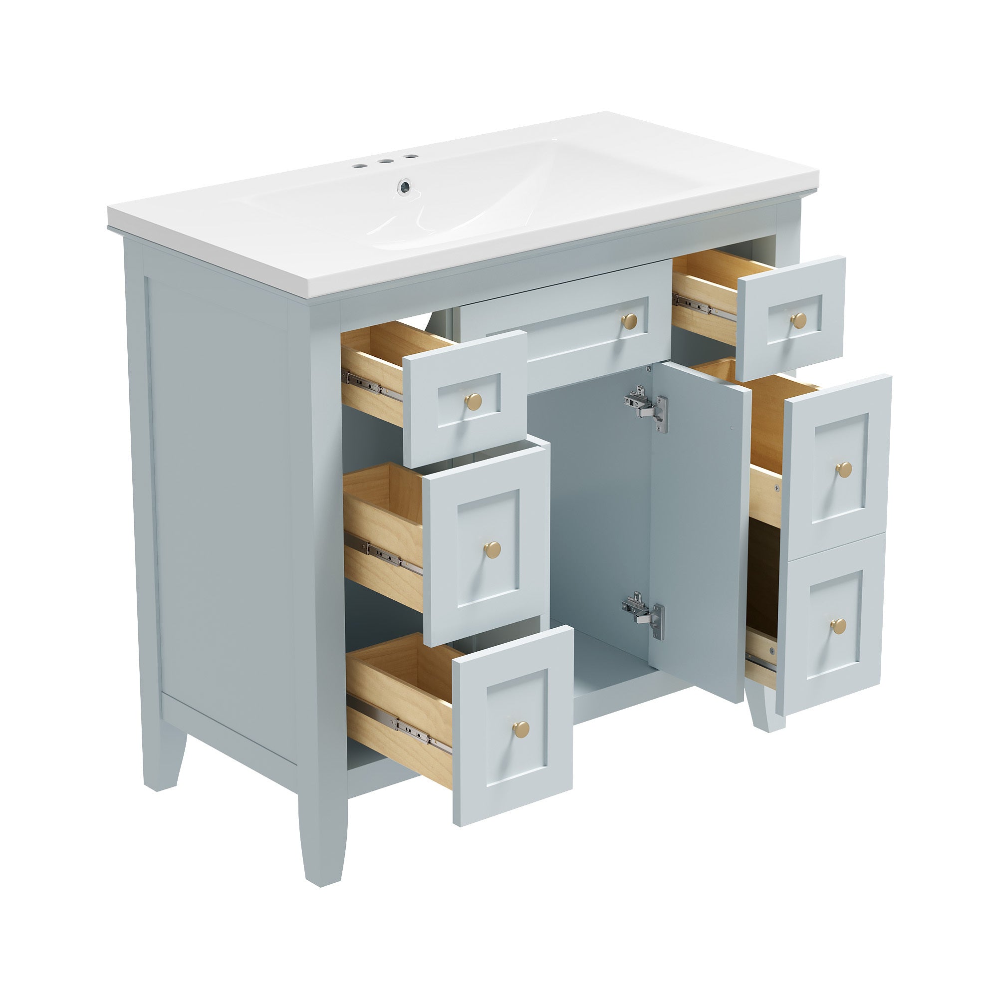 36'' Bathroon Vanity with Resin Sink Combo Set, Modern Freestanding Single Bathroom Cabinet with 6 Drawers & 2 Cabinets, Storage Cabinet for Bathroom, Solid Wood Frame Vanity Set, Light Blue