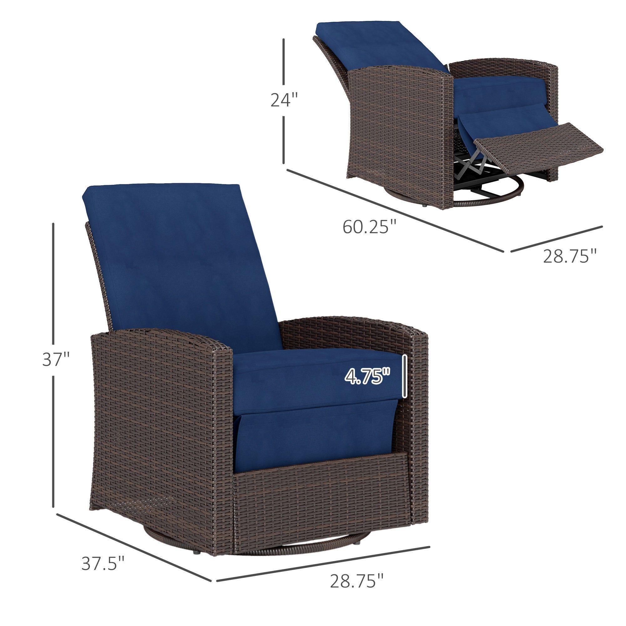 Outsunny Outdoor Wicker Swivel Recliner Chair, Reclining Backrest, Lifting Footrest, 360° Rotating Basic, Water Resistant Cushions for Patio, Dark Blue