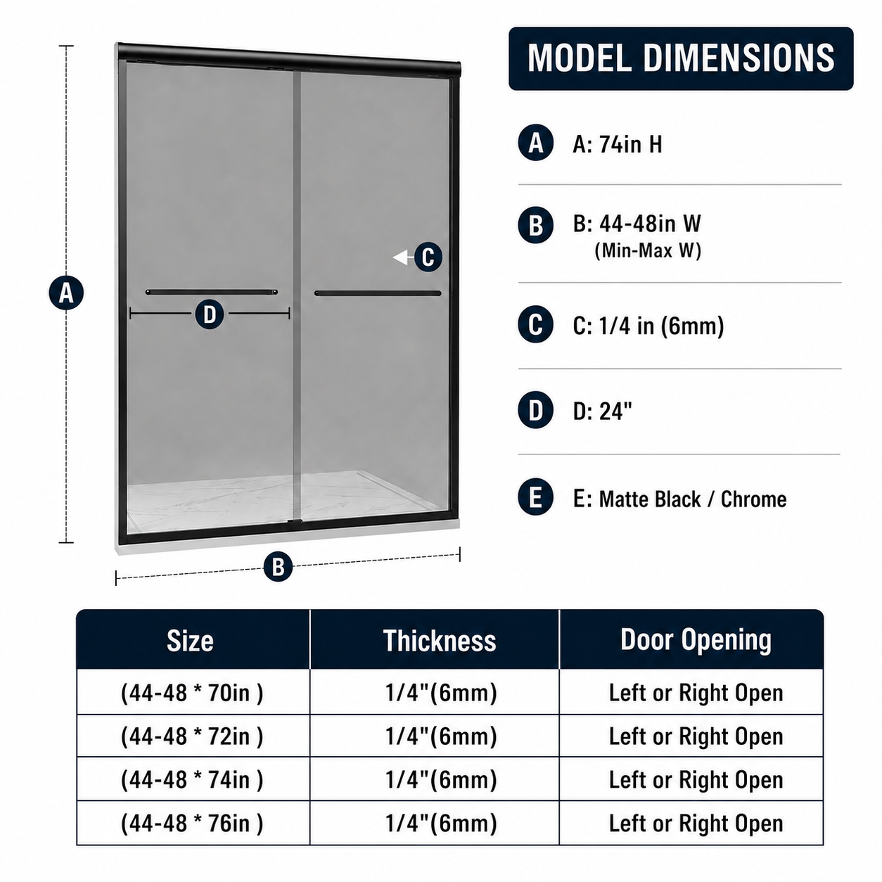 44-60 x 70-76 in Framed Double Sliding Shower Door - 44-48 x 74 in / Gray Glass / Matte Black view 2
