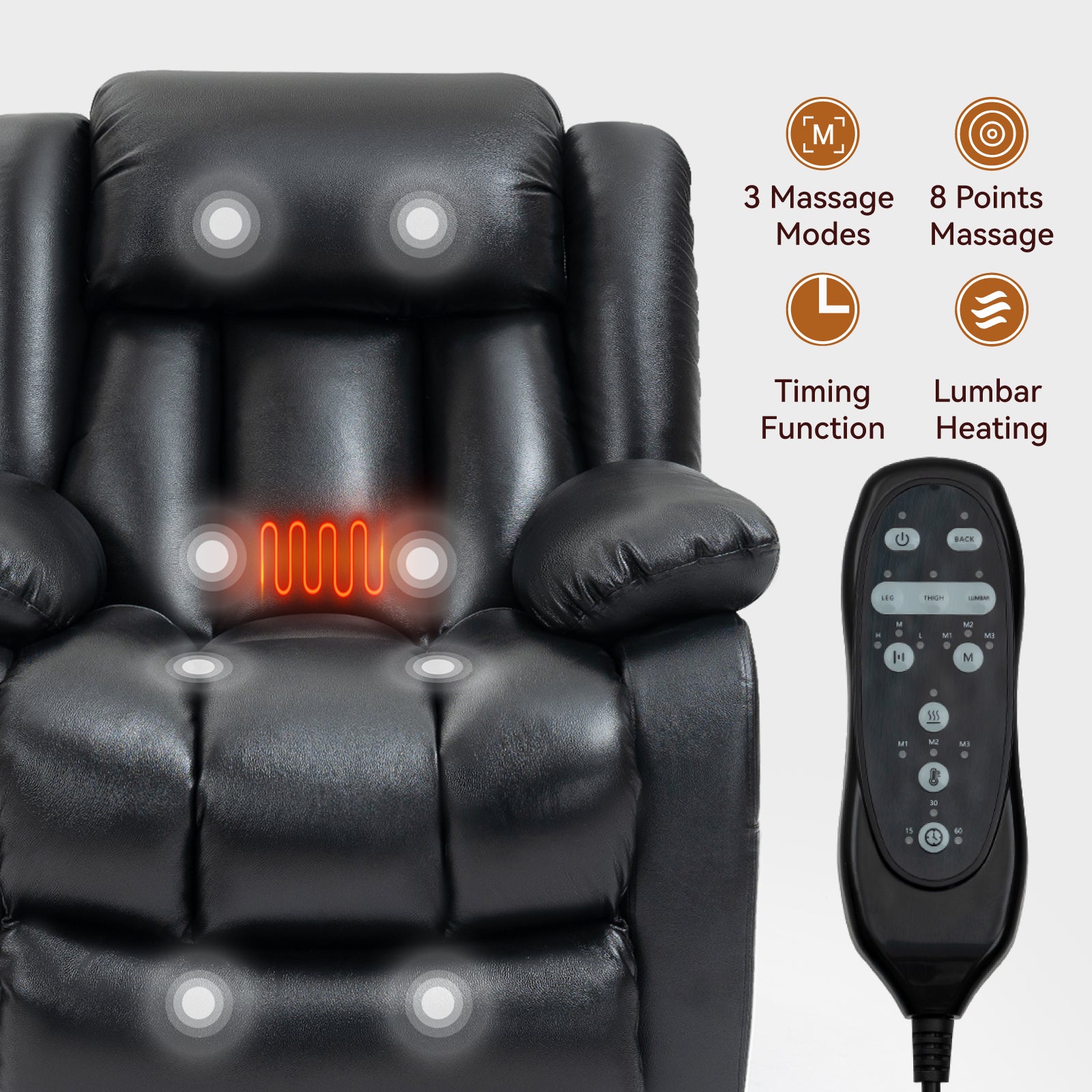 Dual Motor Infinite Position Up to 350 LBS Electric Medium size Genuine Leather Black Power Lift Recliner Chair with 8-Point Vibration Massage and Lumbar Heating