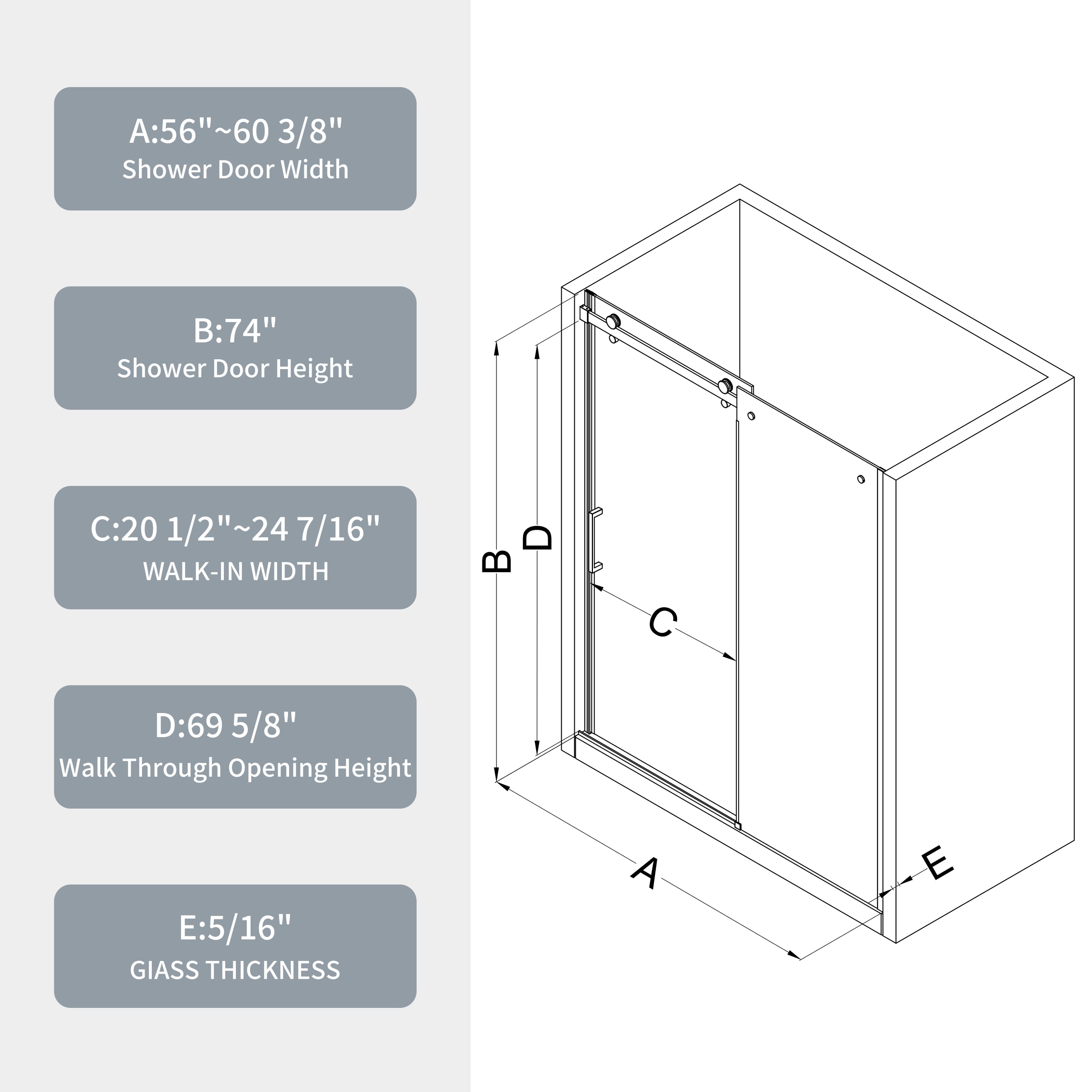 60"W x 74"H Glass shower door, sliding door, with 5/16" tempered glass and Matted Black  finish