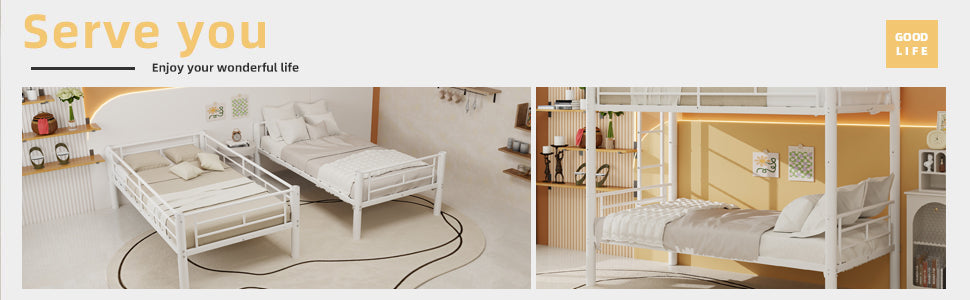 Twin over twin white metal bunk bed frame, side profile view