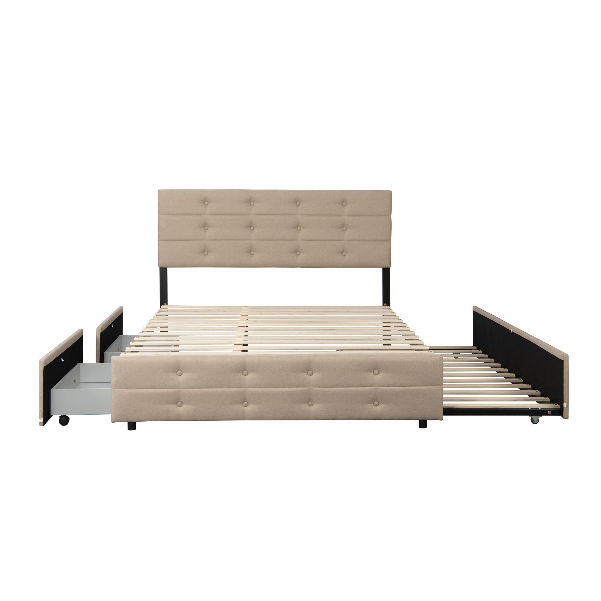 Queen Size Upholstered Platform Bed with Twin Trundle and 2 Storage Drawers Underneath, Linen Fabric with Wood Slat, for Bedroom,Light Beige