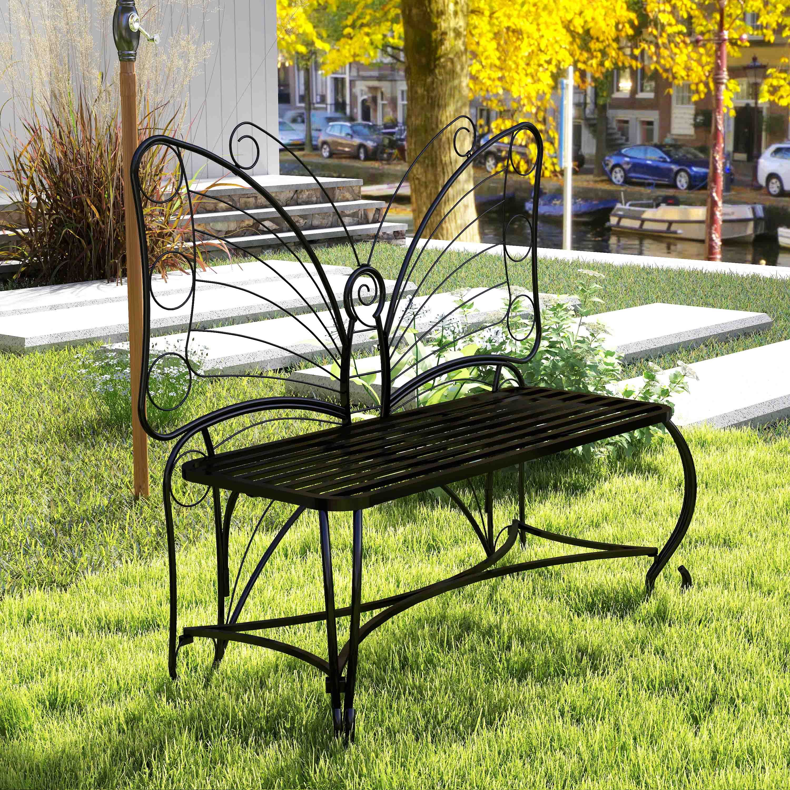 Butterfly Cast Metal Garden Bench, Outdoor Bench Patio Seat, Park Bench Outdoor Seating for Garden, Yard, Park, Entryway