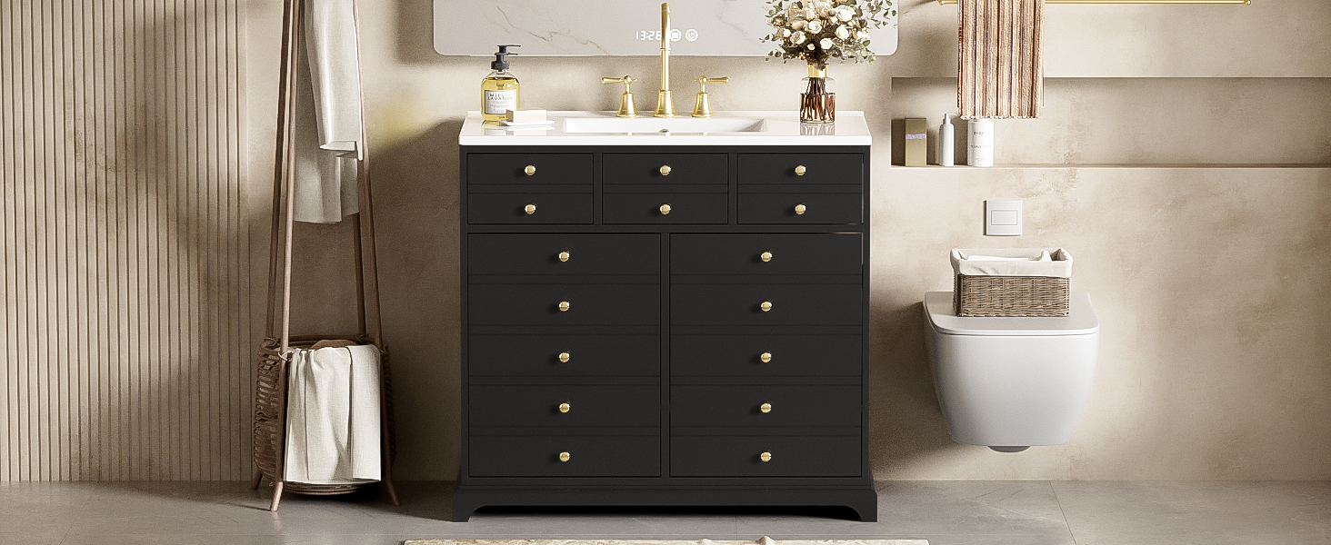 36'' Bathroom Vanity with Ceramic Sink Combo, Solid Wood Frame Bathroom Storage Cabinet, Freestanding Vanity Set with 2 Drawers& Soft Closing Doors, Black