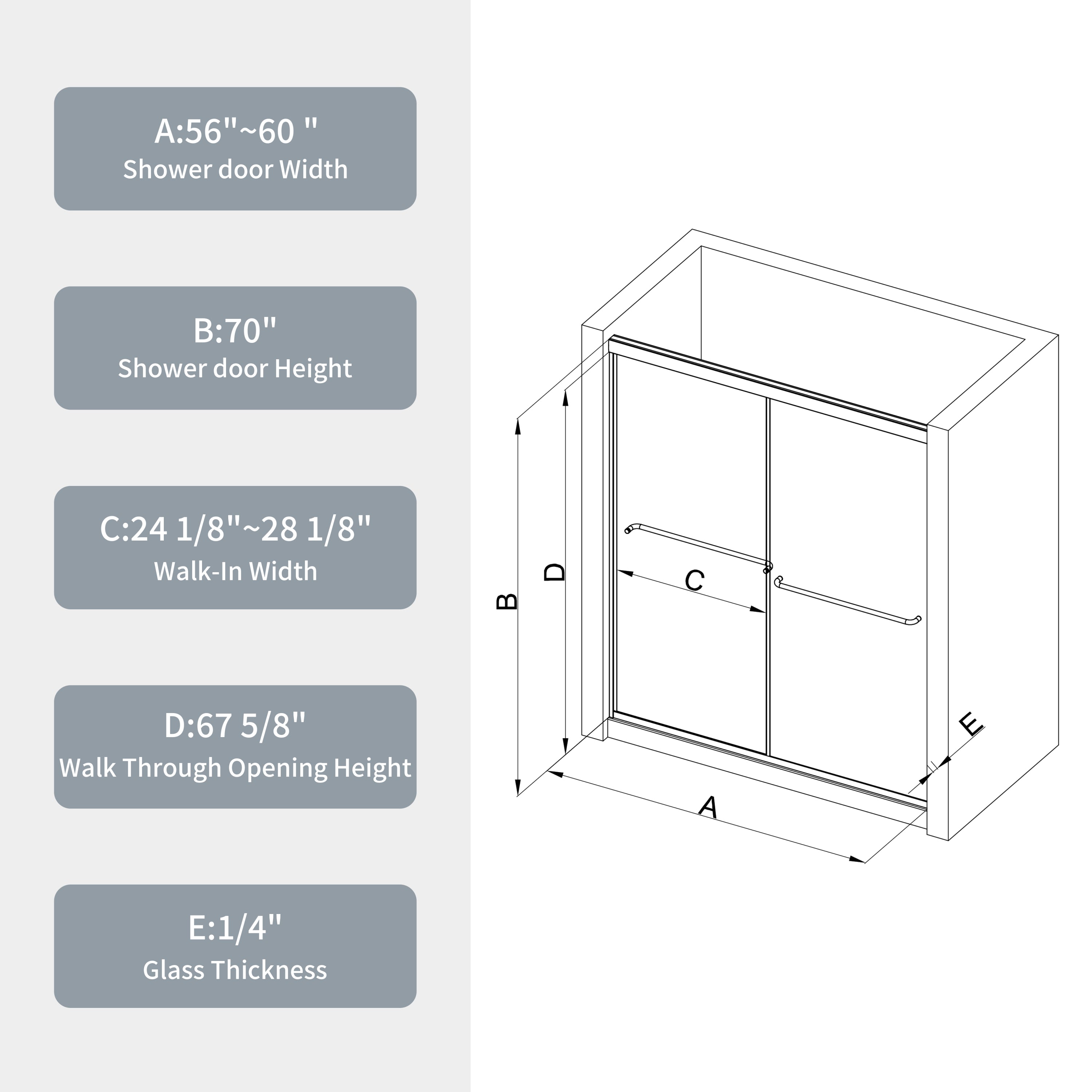 56-60"W x 70"H Bypass shower door, sliding door, with 1/4" tempered glass and Polished finish 6070