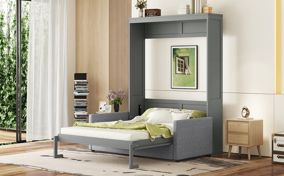 Queen Size Murphy Bed Wall Bed with Cushion,Gray