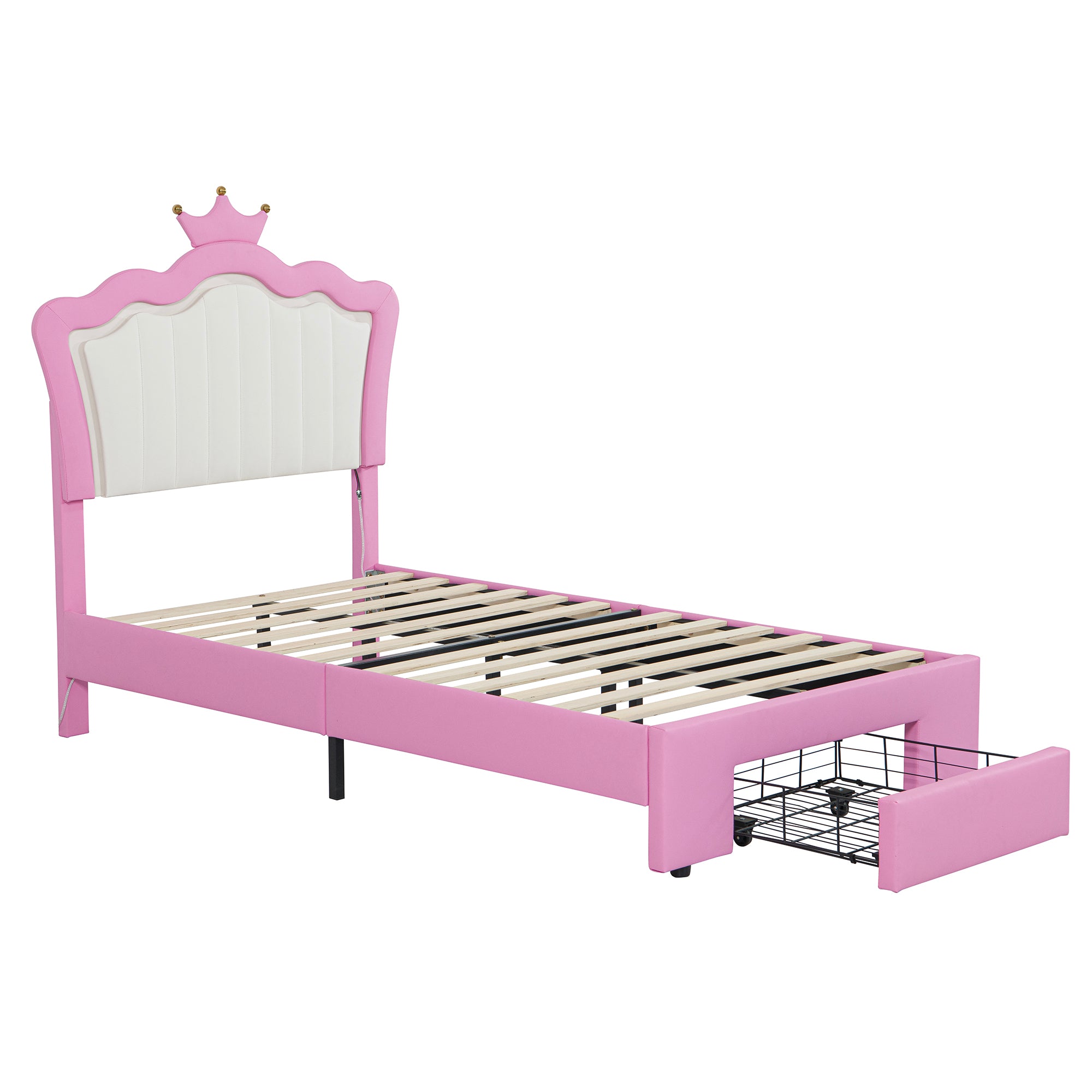 Twin Size Upholstered Bed Frame with LED Lights, Modern Upholstered Princess Bed with Crown Headboard, a Drawer, Pink+White