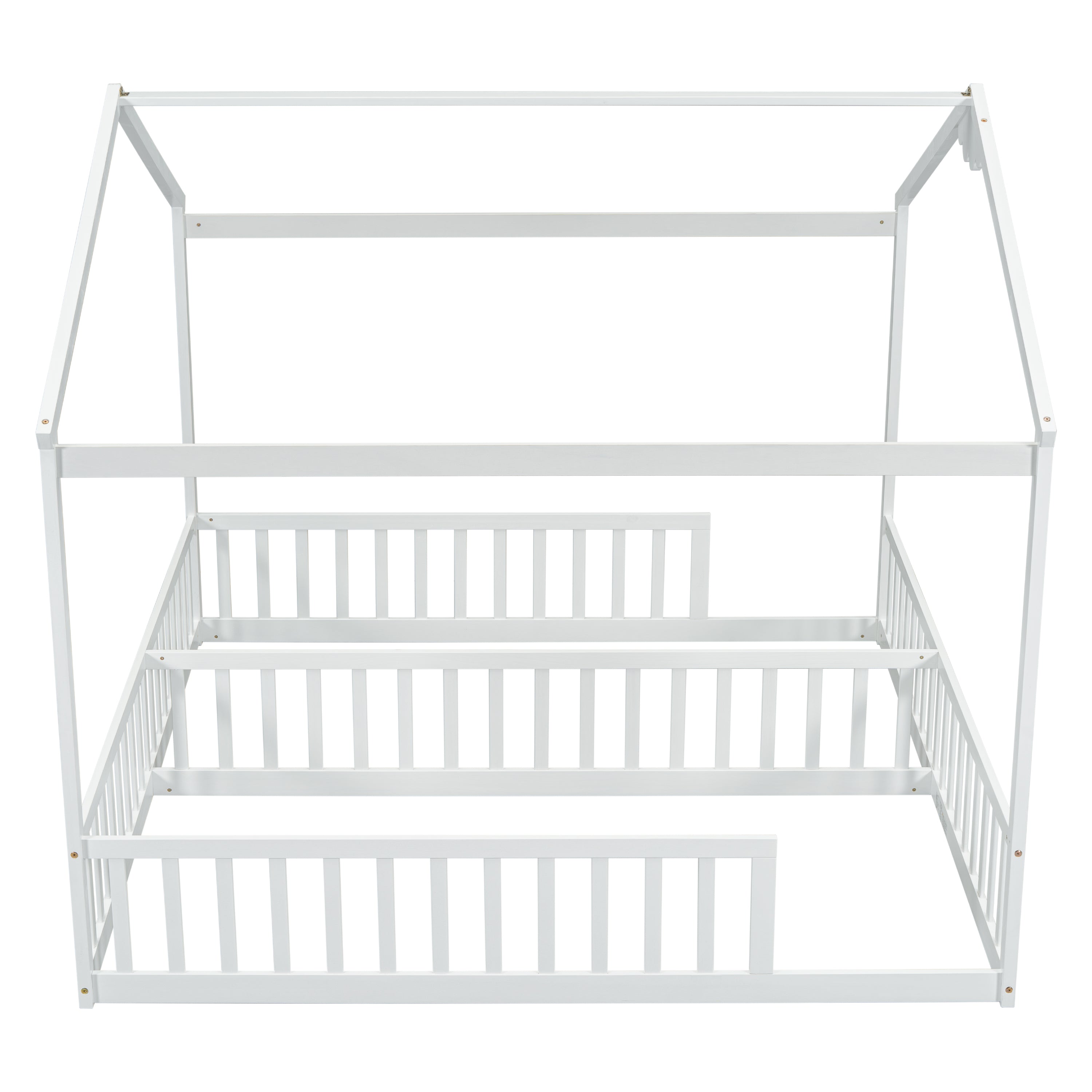 Double Twin House-Style Floor Bed with Fence, Guardrails, without door, White