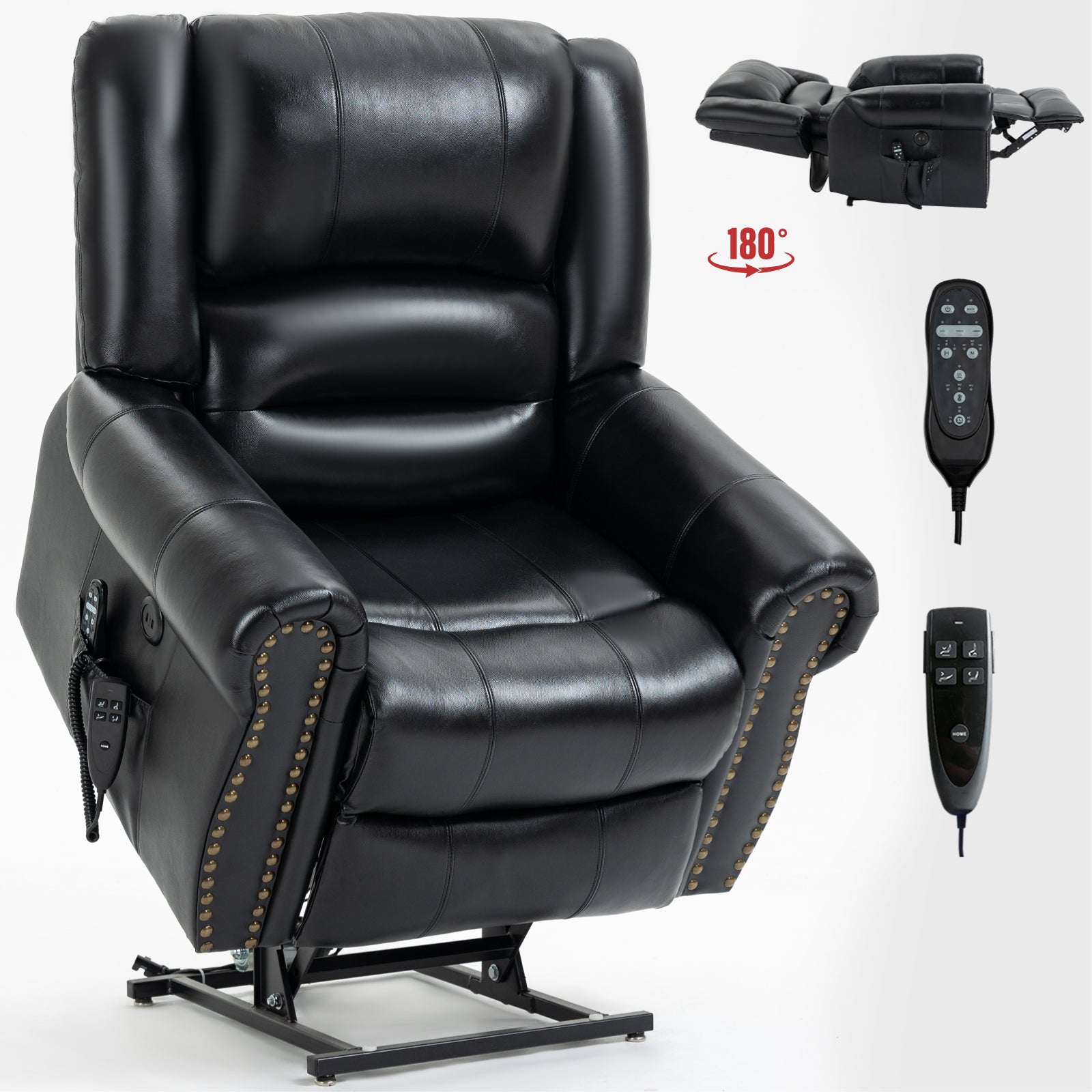 Power Lift Recliner Chair Heat Massage Dual Motor Infinite Position Up to 350 LBS, Genuine Leather, Heavy Duty Motion Mechanism with USB Ports, Black