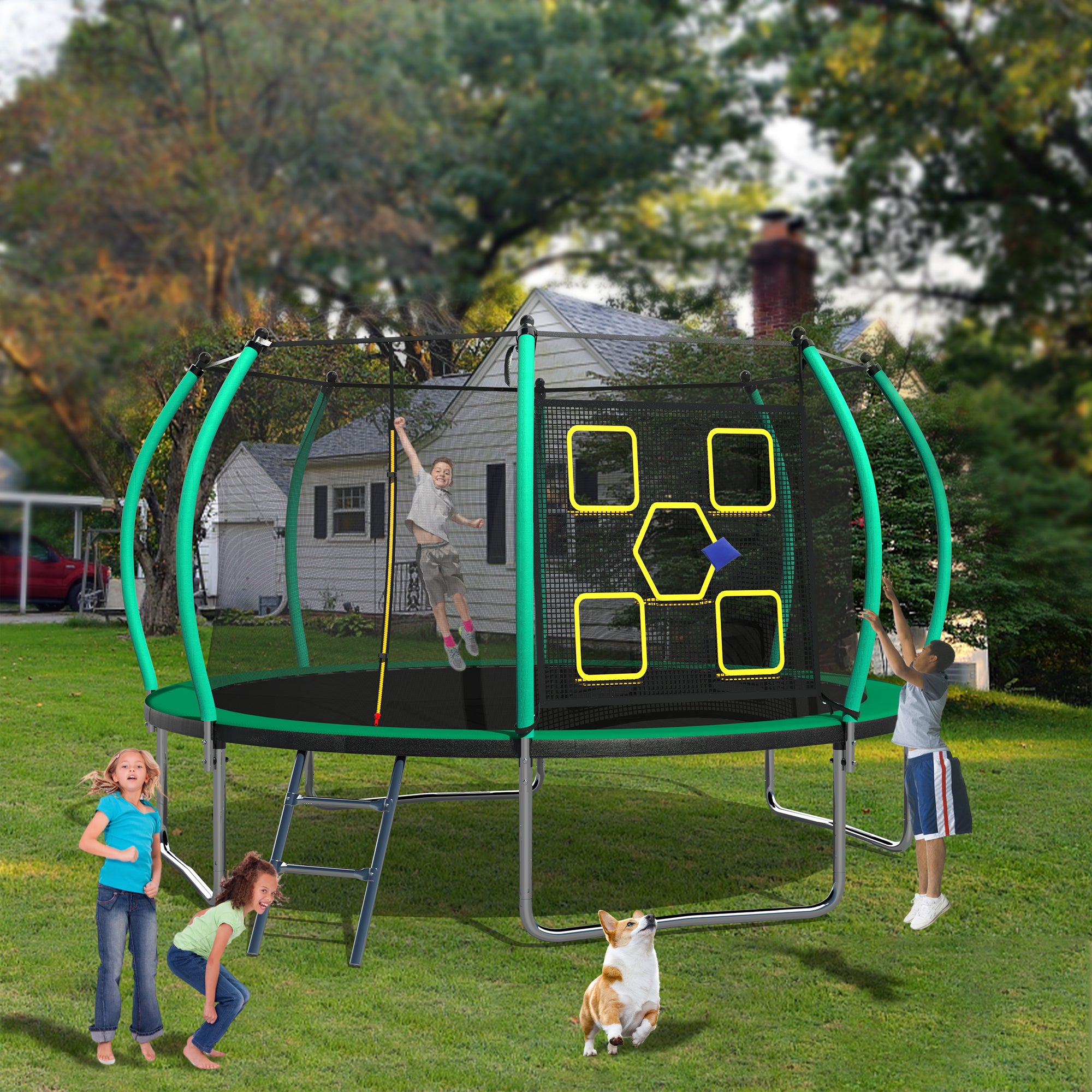 14FT Trampoline with Enclosure - Recreational Trampolines with Ladder, ASTM Approval Outdoor Trampoline for Kids