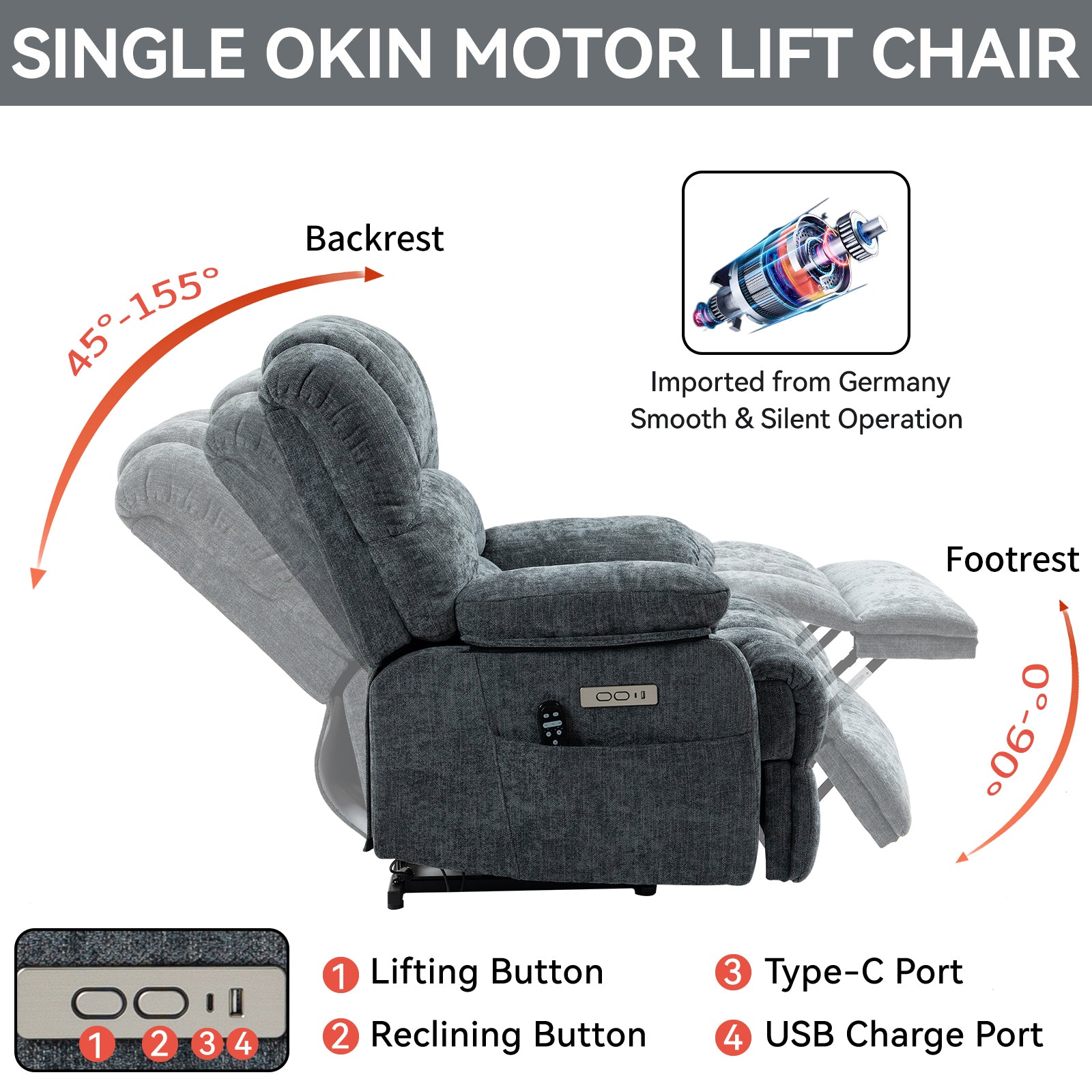 23" Seat Width and High Back Large Size Blue Chenille Power Lift Recliner Chair with 8-Point Vibration Massage and Lumbar Heating