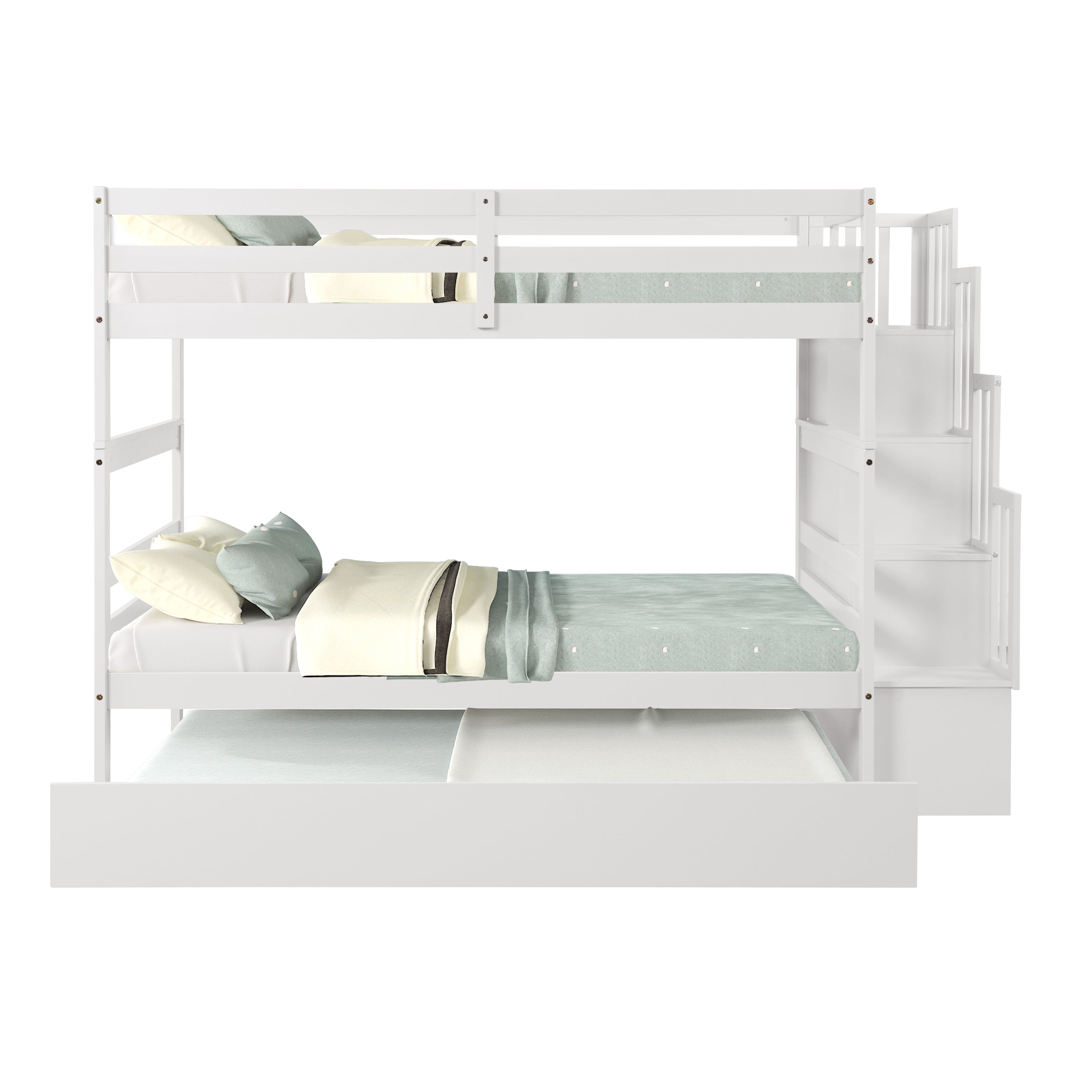 Twin over Twin Bunk Beds With Twin Trundle and Stairway Storage Function in White color