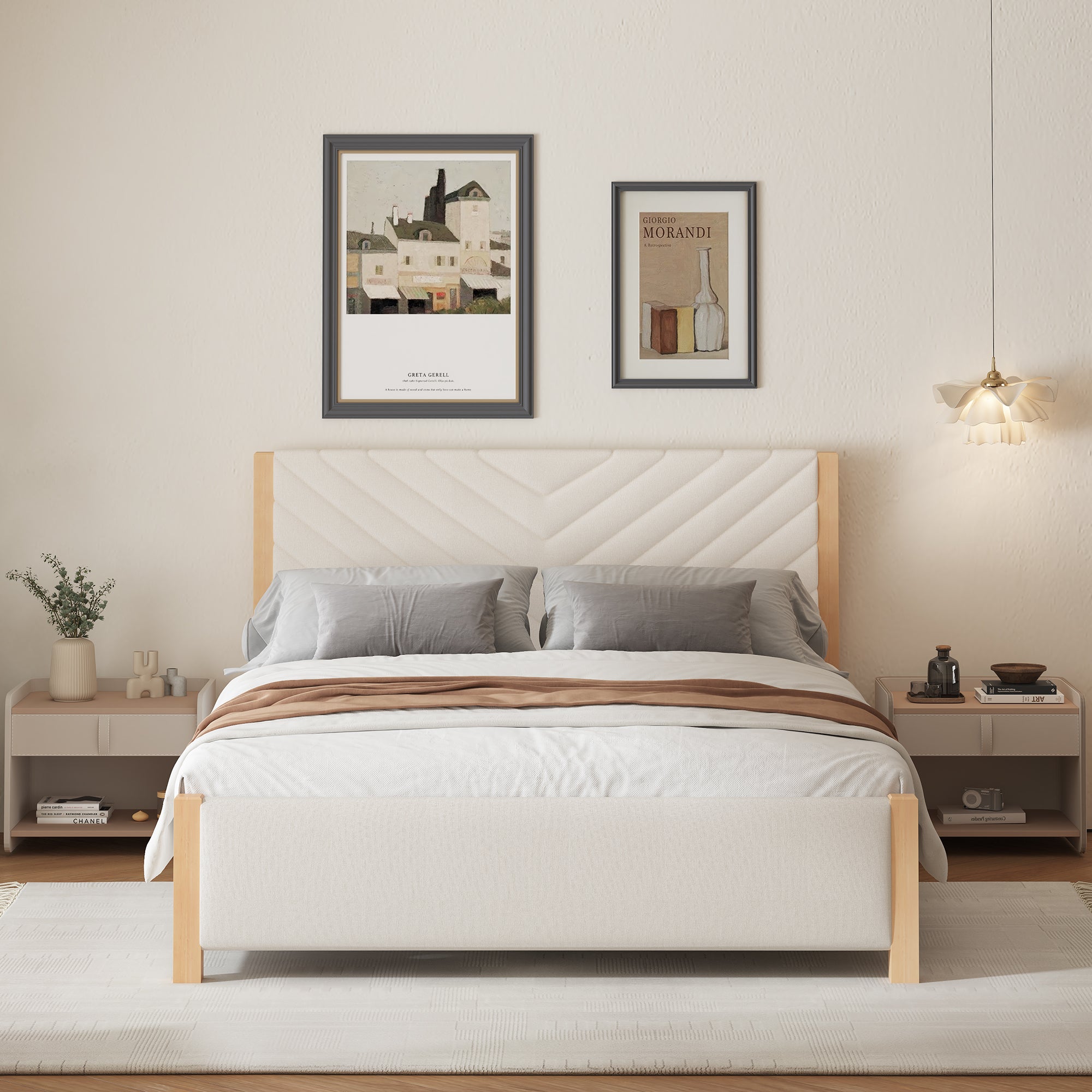 Modern Mid-Century Queen Upholstered Platform Bed Frame with Tufted Headboard and Solid Wood Legs,No Box Spring Needed,Beige