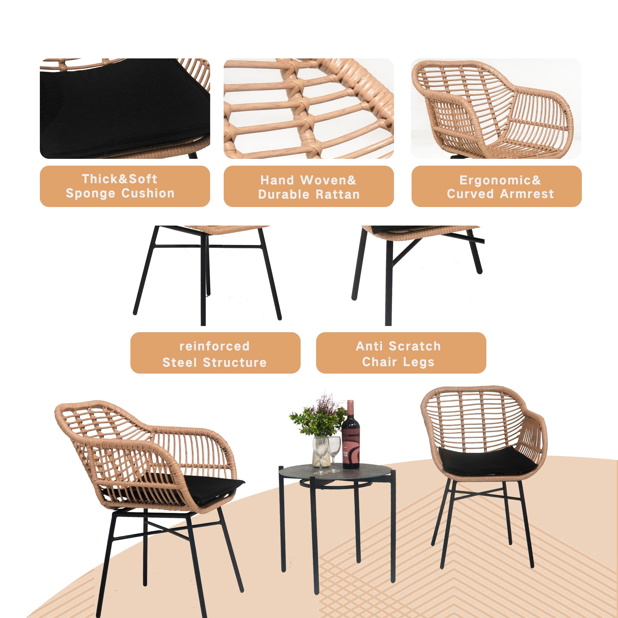 3 Pieces Of Luxury Outdoor Wicker Furniture - Patio Bistro Style Table And Chair Combination,Weather-resistant PE Wicker Weave, Stainless Steel Fame, Suitable For Garden, Terrace,Backyard Casua