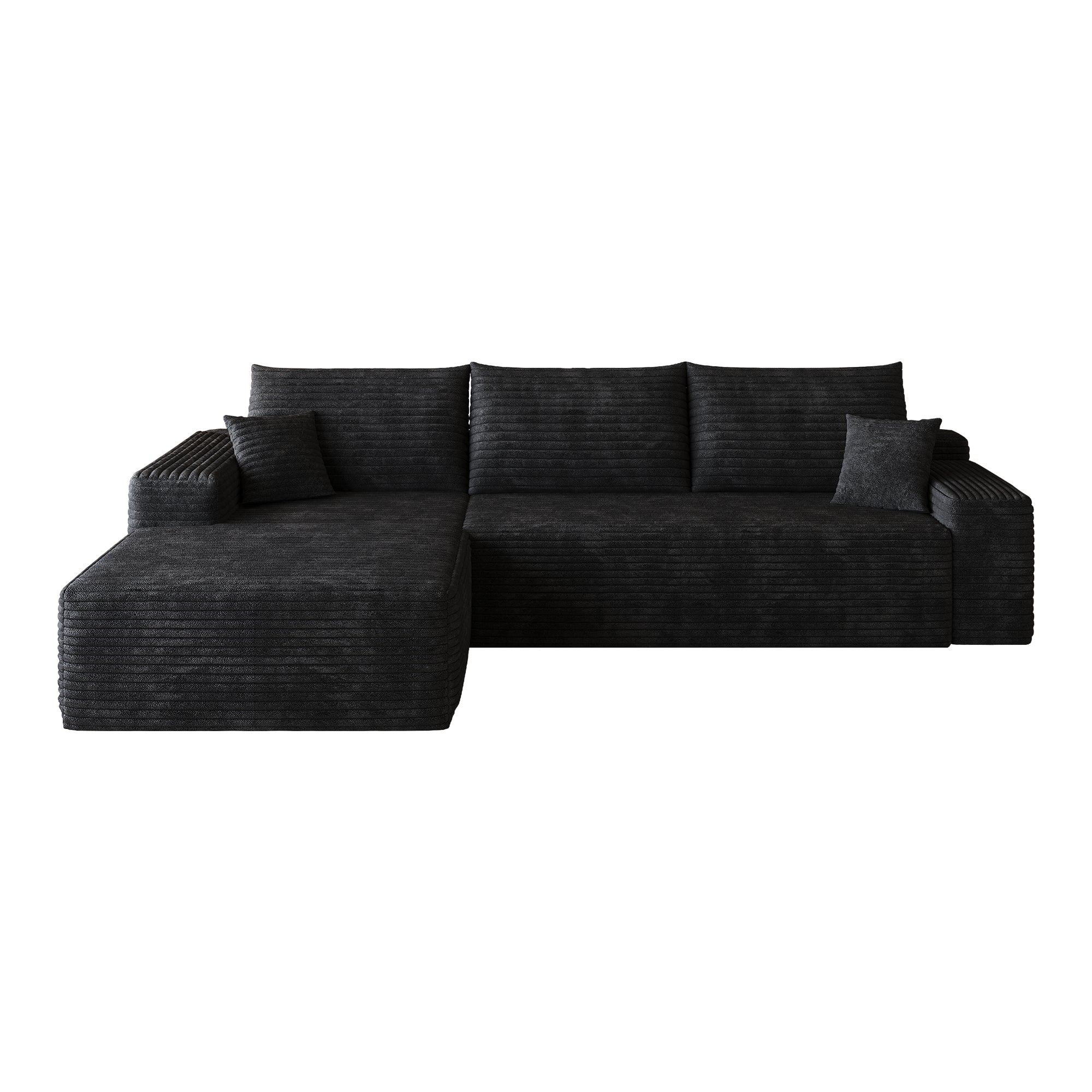Black corduroy deep-seat sectional sofa upholstery close-up