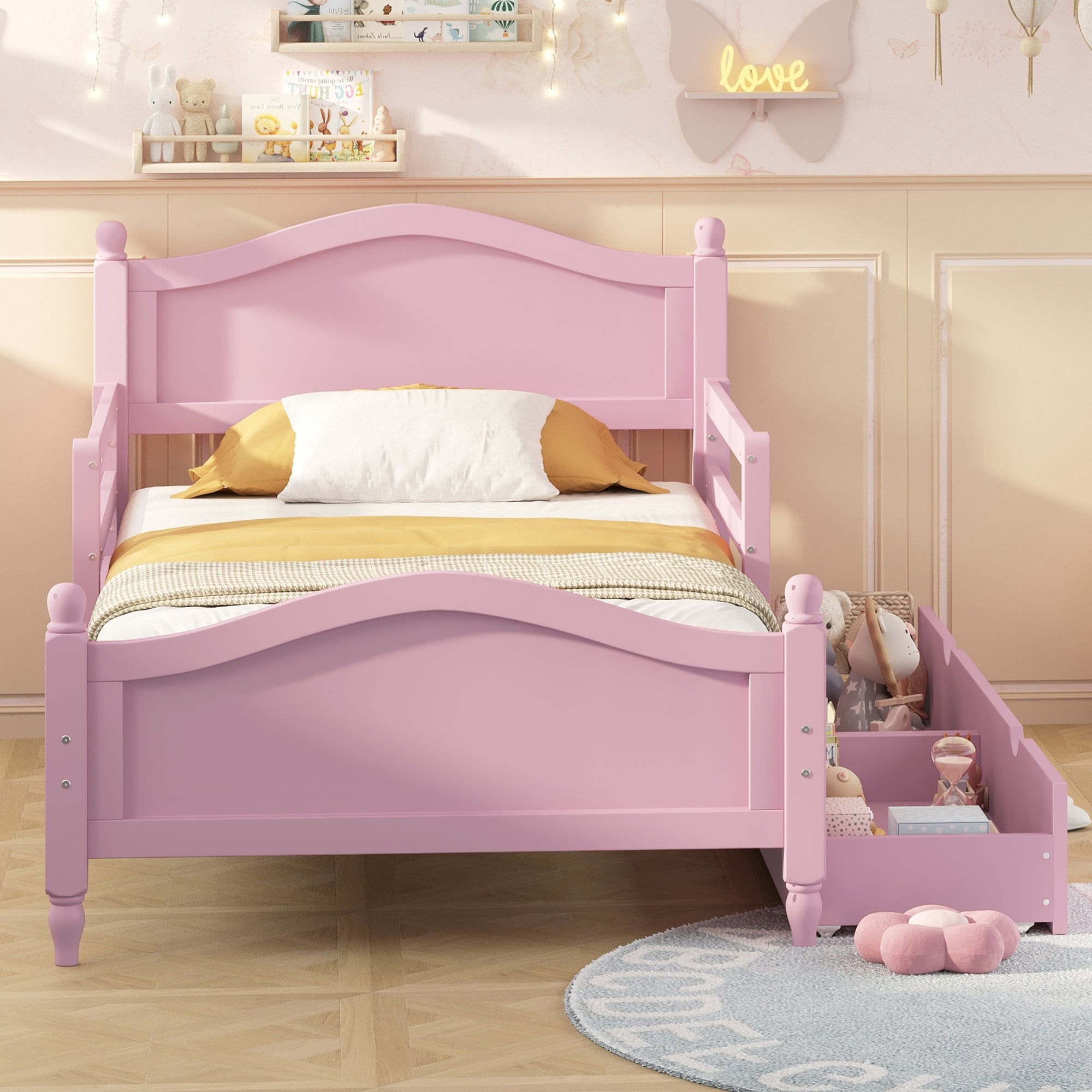 Twin Size Wood Platform Bed with Guardrails on Both Sides and Two Storage Drawers ,Pink