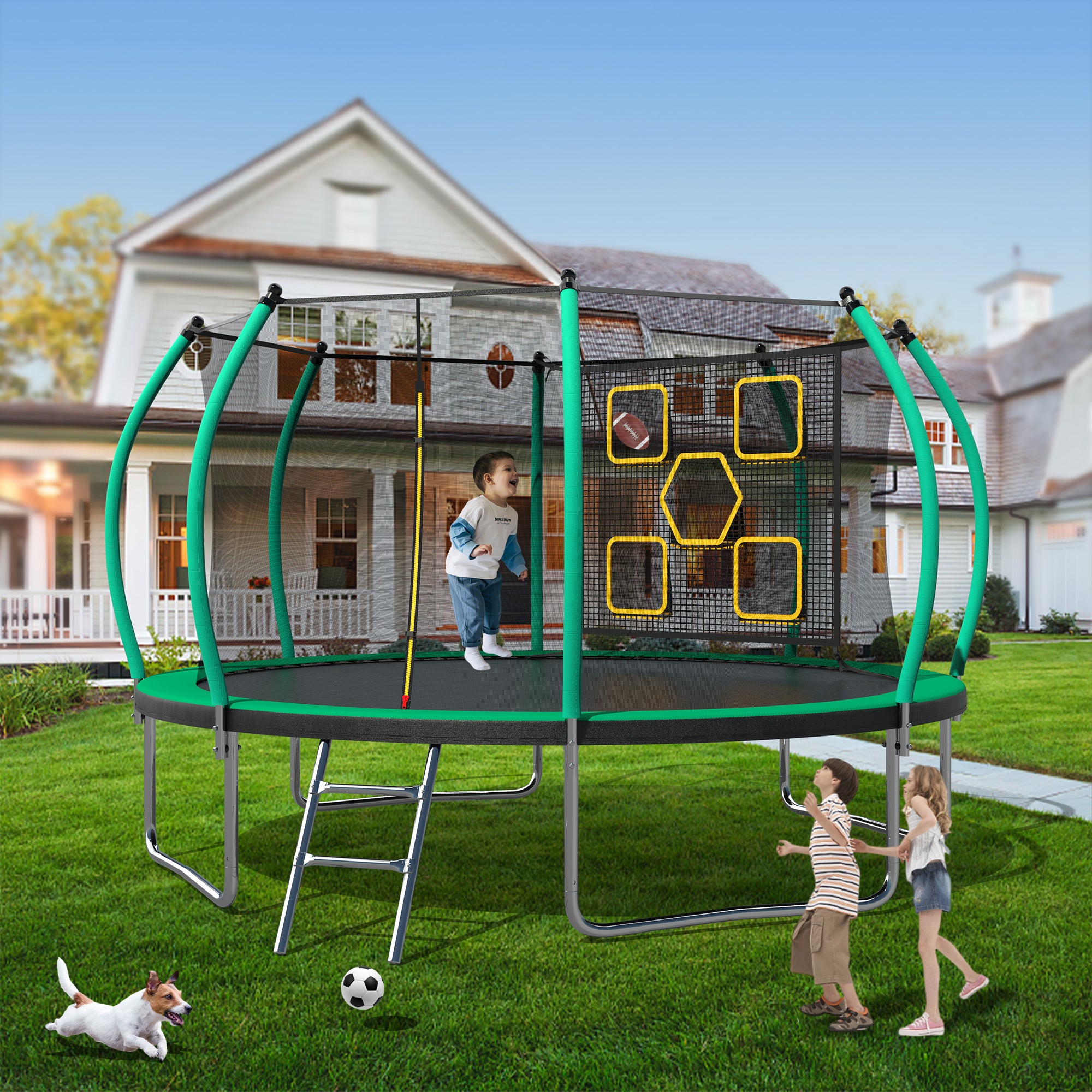 14FT Trampoline with Enclosure - Recreational Trampolines with Ladder, ASTM Approval Outdoor Trampoline for Kids