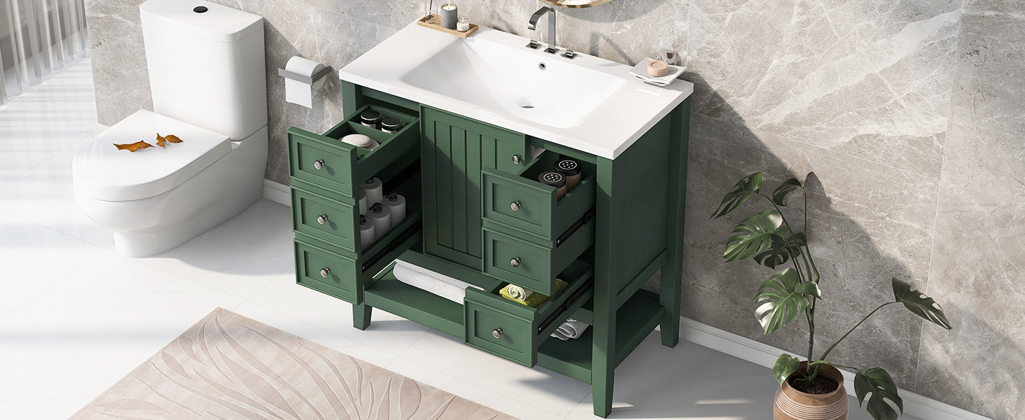 36" Bathroom Vanity with Sink Combo, One Cabinet and Three Drawers, Solid Wood and MDF Board, Green