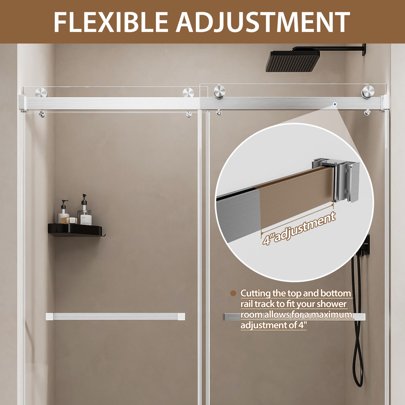 Frameless double sliding shower door 50-54 inch brushed nickel roller hardware view