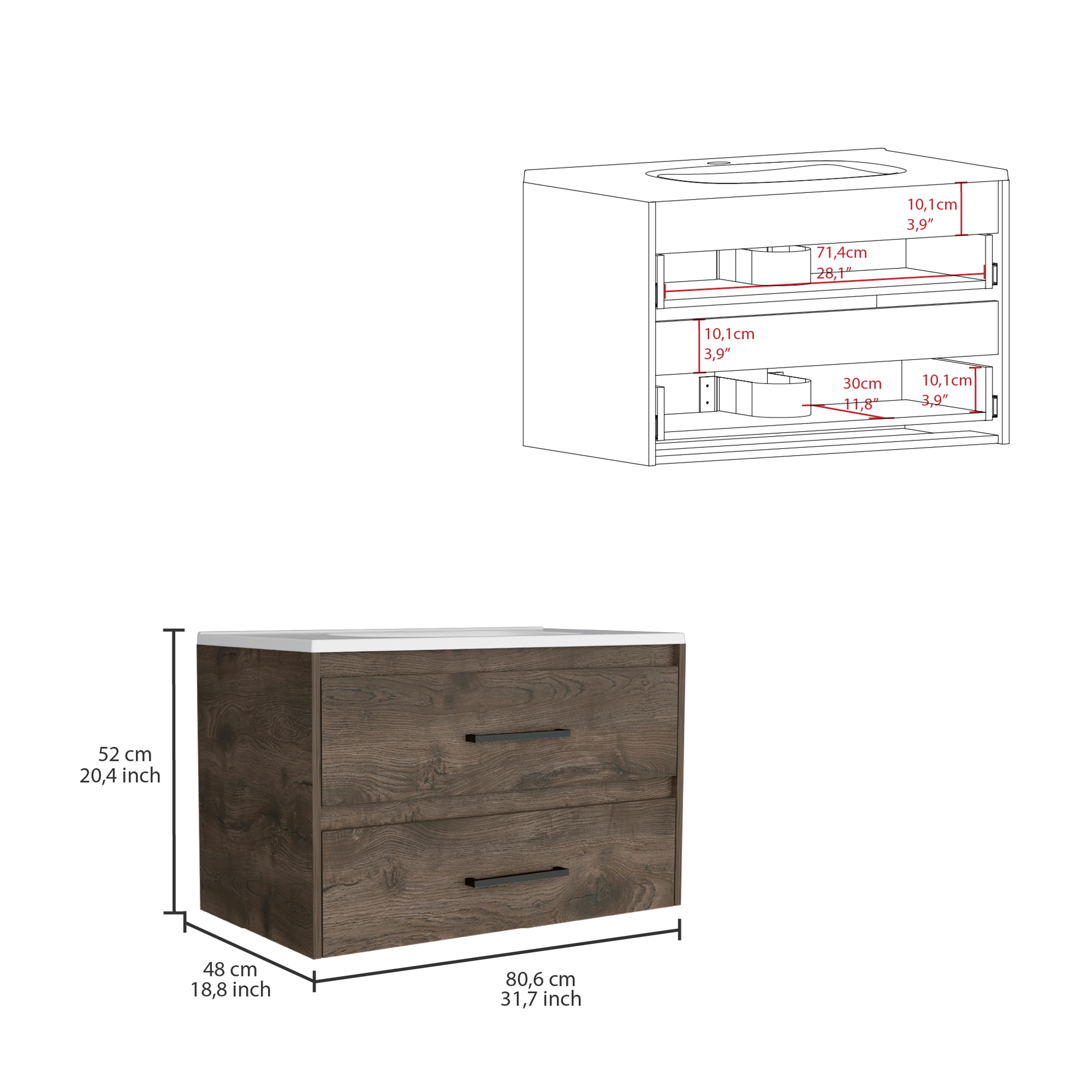 Praga Floating Vanity Sink with 2-Drawers  Dark Brown / White