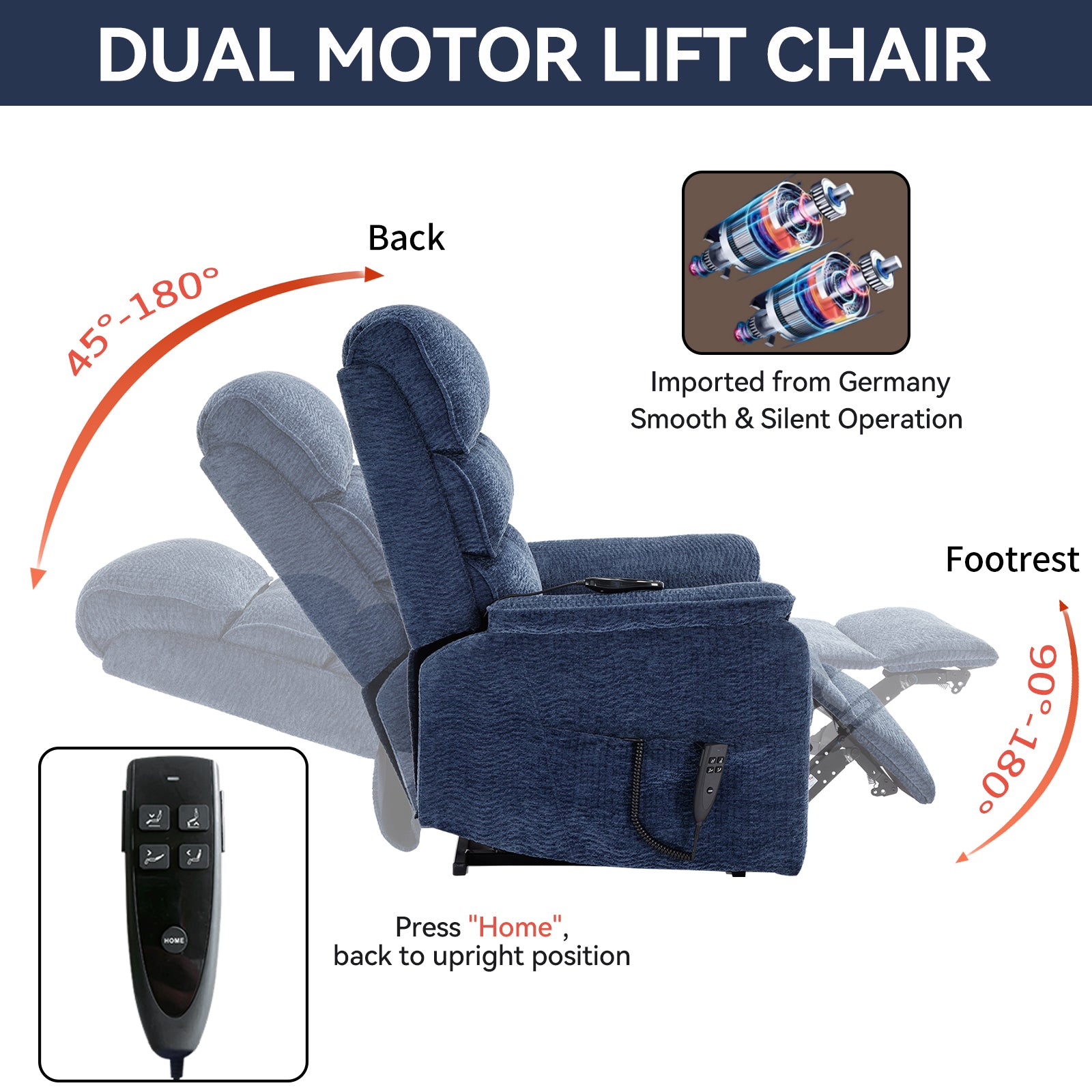 Blue Chenille Dual Motor Infinite Position Up to 350 LBS Power Lift Recliner Chair with Power-Remote, Heat Massage and Heavy Duty Motion Mechanism