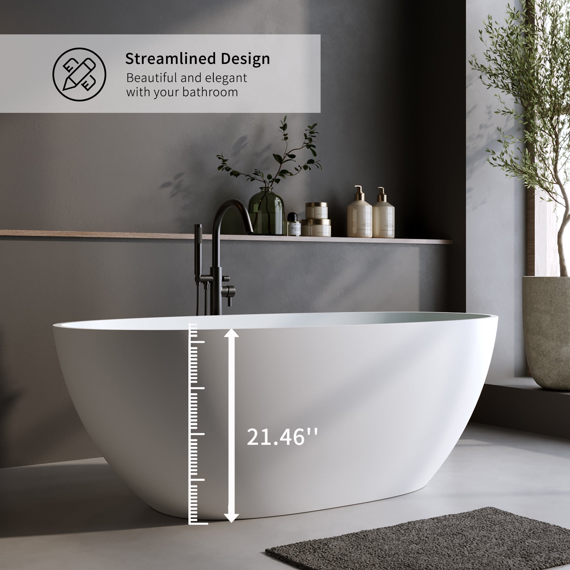 59'' Solid Surface Matte Tub, Solid Surface Soaking Tub, Stone Resin Freestanding Bathtub, Thick Edge Stand Alone Tubs with Overflow, Pop-up Drain, Matte White (Oval)