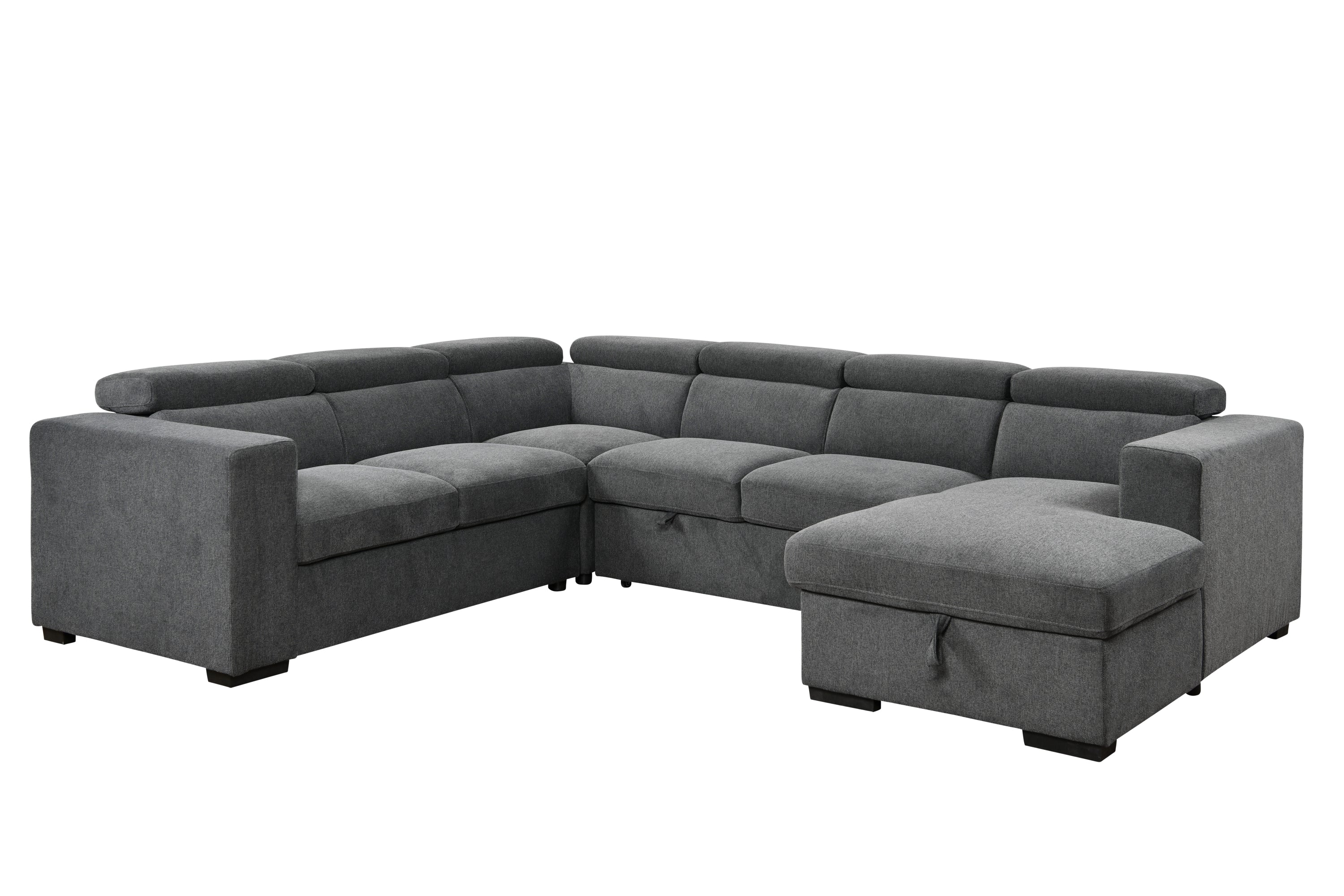 123" 4 in 1 Modern U-Shaped 7-seat Sectional Sofa Couch with Adjustable Headrest, Sofa Bed with Storage Chaise,Pull Out Couch Bed for Living Room ,Dark Gray