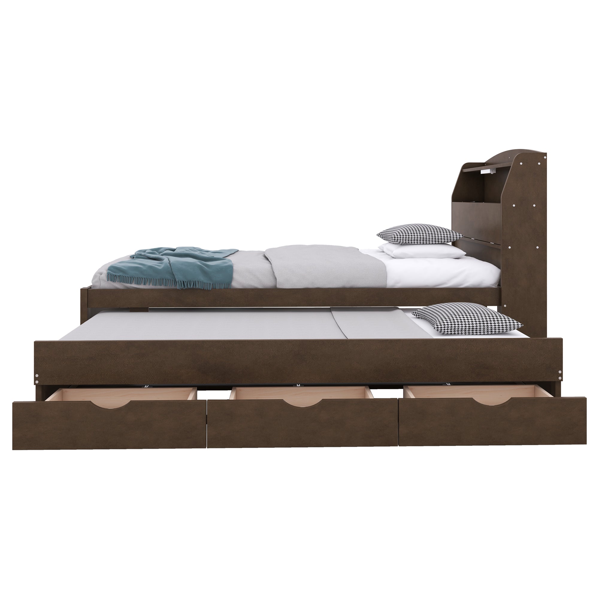 Twin Size Wooden LED Platform Bed with Trundle, with Storage Headboard, with Drawers, Brown