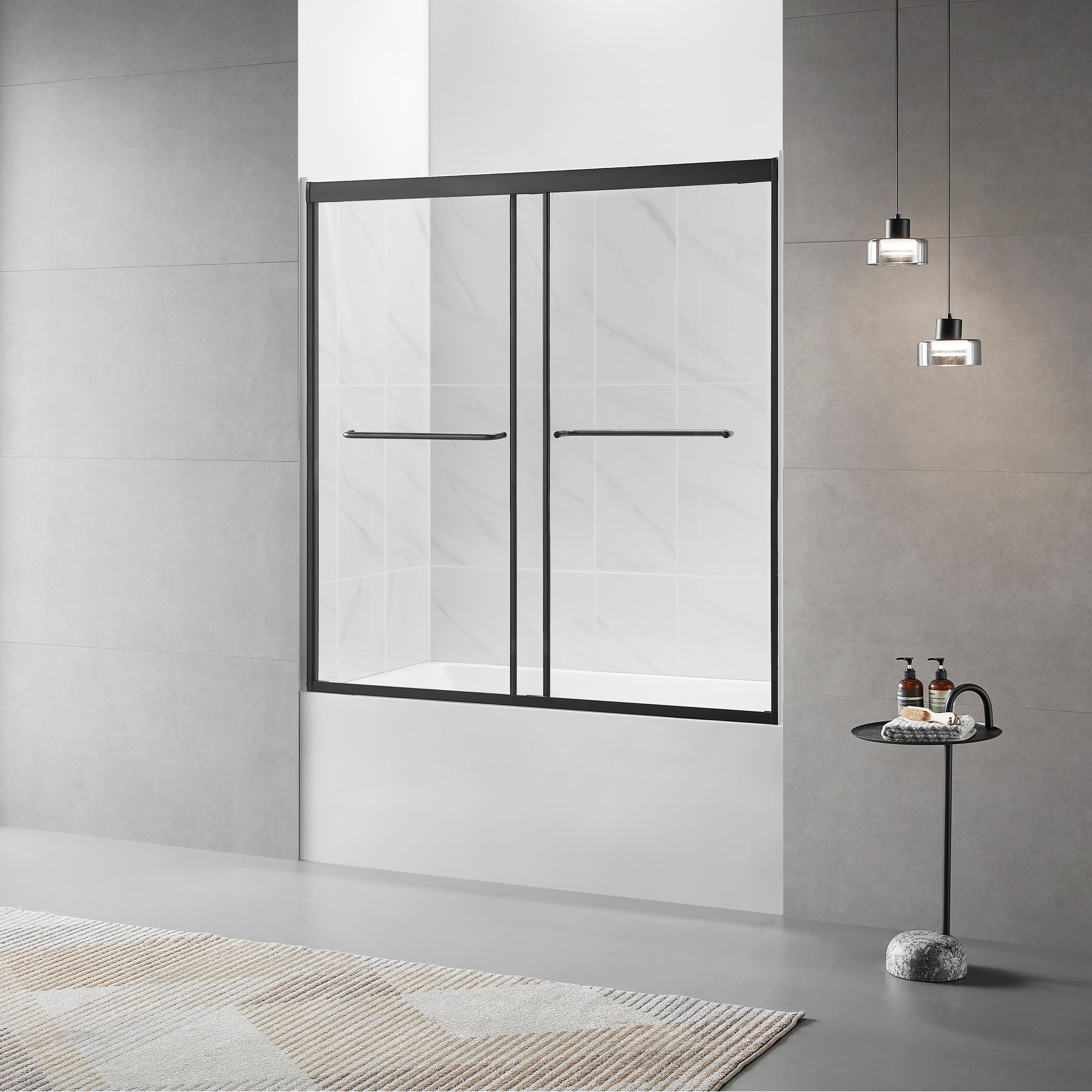 60"W x 60"H Bathtub Glass Sliding Shower Tub Door, 1/4 in.  Clear Glass, Framed Bypass Double Sliding Tub Glass Door, Matte Black Finish