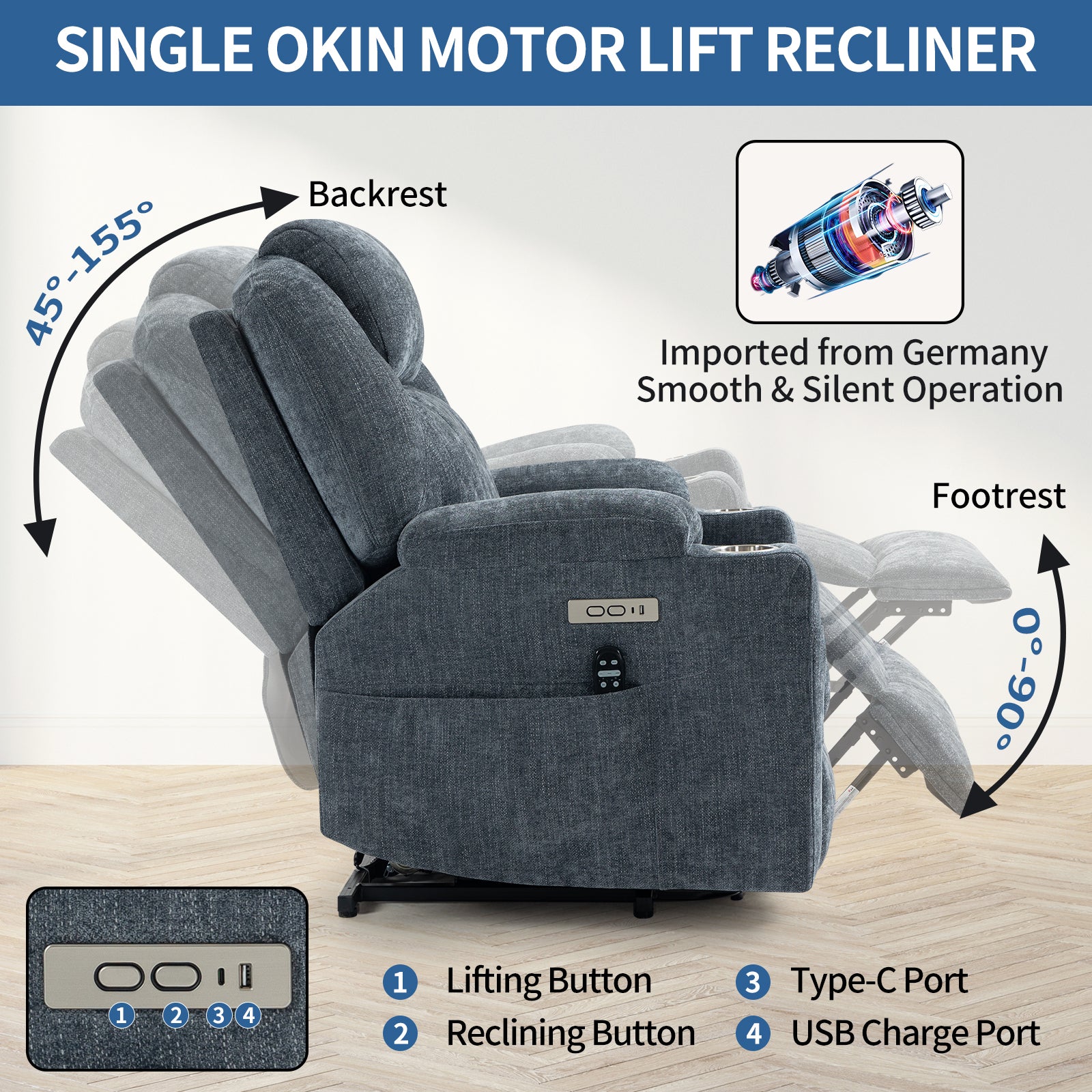 Up to 350 LBS Chenille Power Lift Recliner Chair, Heavy Duty Motion Mechanism with 8-Point Vibration Massage and Lumbar Heating, USB and Type-C Ports, Stainless Steel Cup Holders, Blue