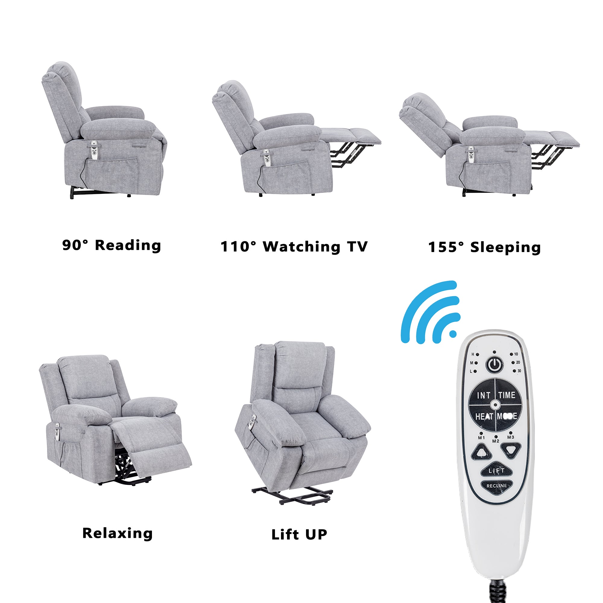 Electric Power Recliner Chair With Massage For Elderly ,Remote Control Multi-function Lifting, Timing, Cushion Heating Chair With Side Pocket Light Grey