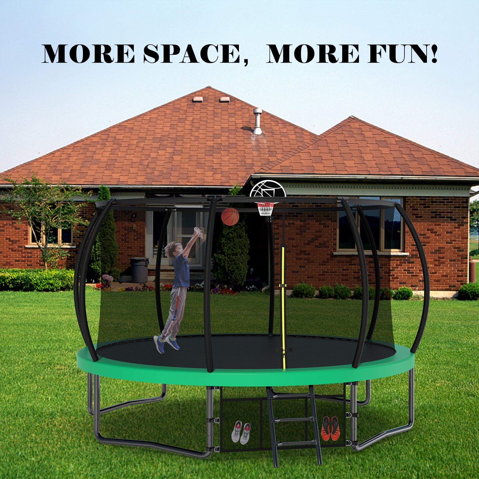 12FT Recreational Kids Trampoline with Safety Enclosure Net & Ladder, Outdoor Recreational Trampolines