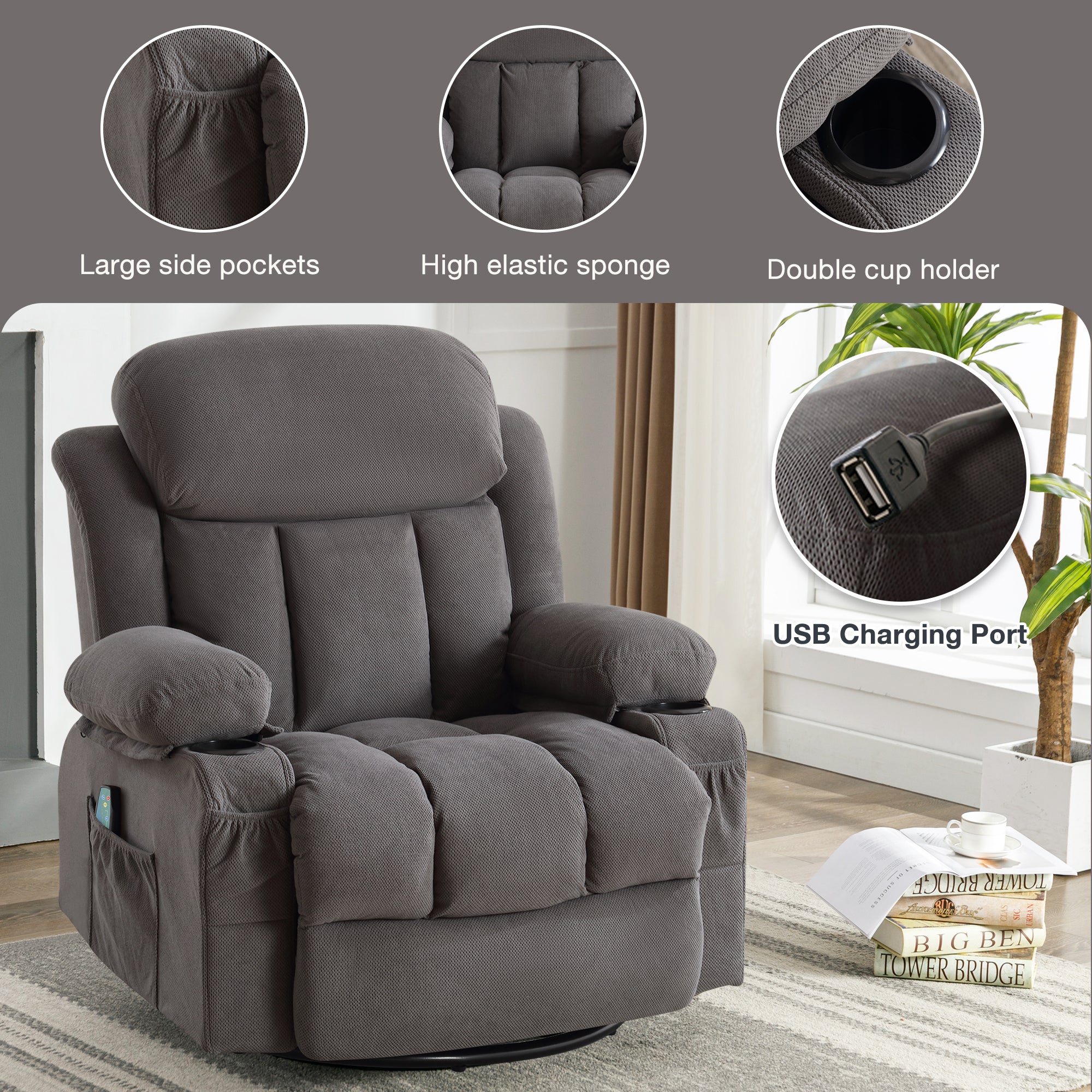 Swinging recliner massage heated sofa, with USB and 2 cup holders in side pockets, PackageA+B (GREY )