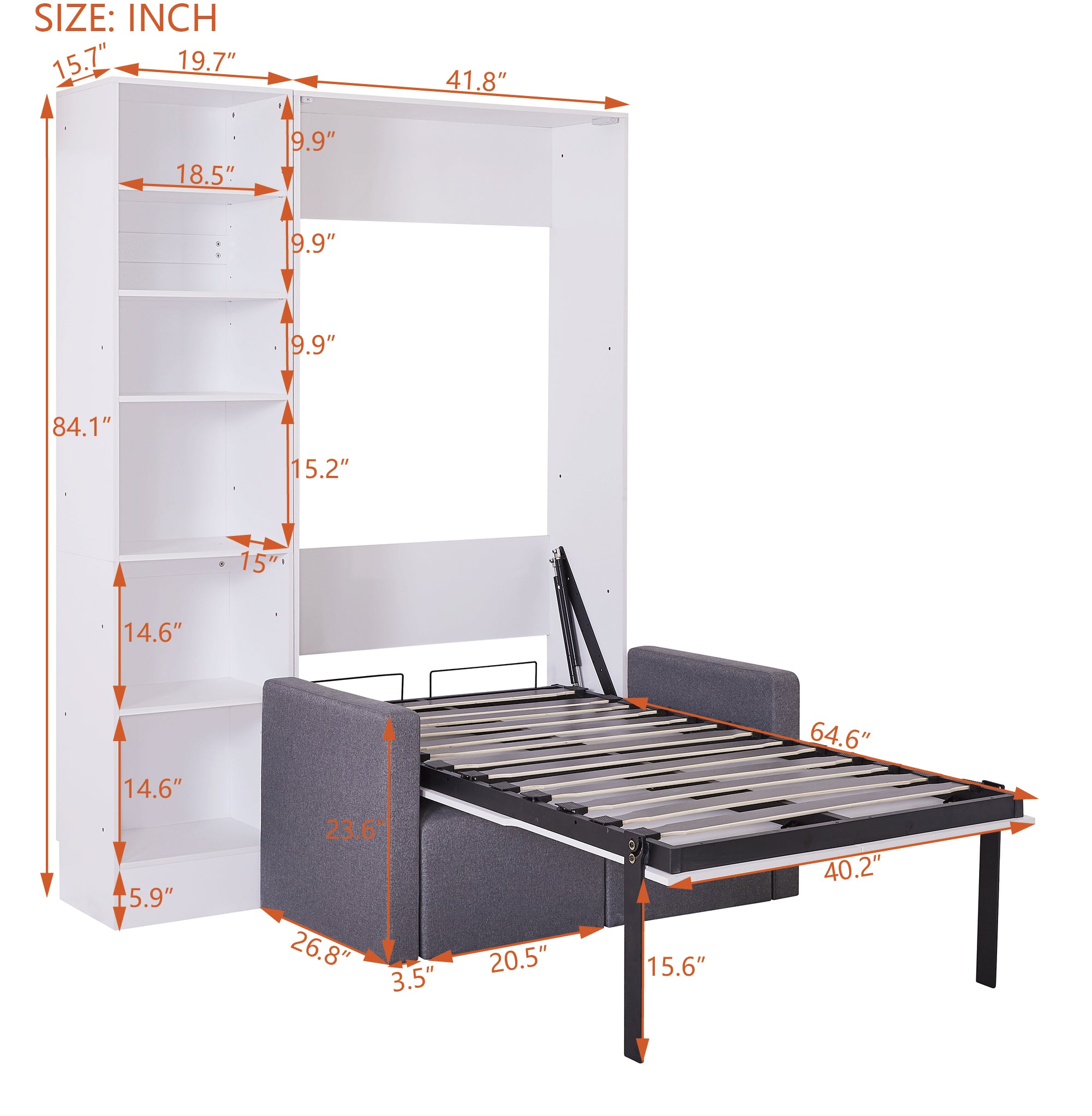 Twin Size Murphy Bed Wall Bed with Sofa,with Shelves,White