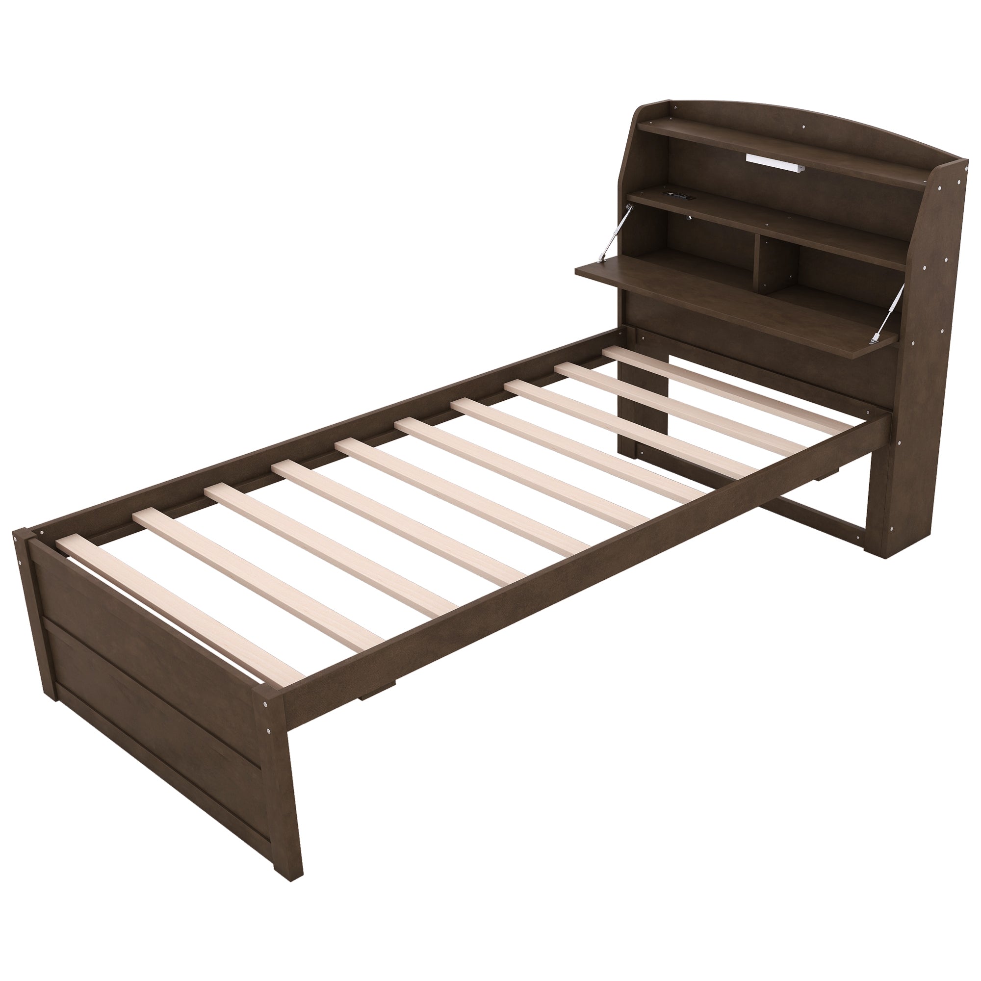 Twin Size Wooden LED Platform Bed with Trundle, with Storage Headboard, with Drawers, Brown