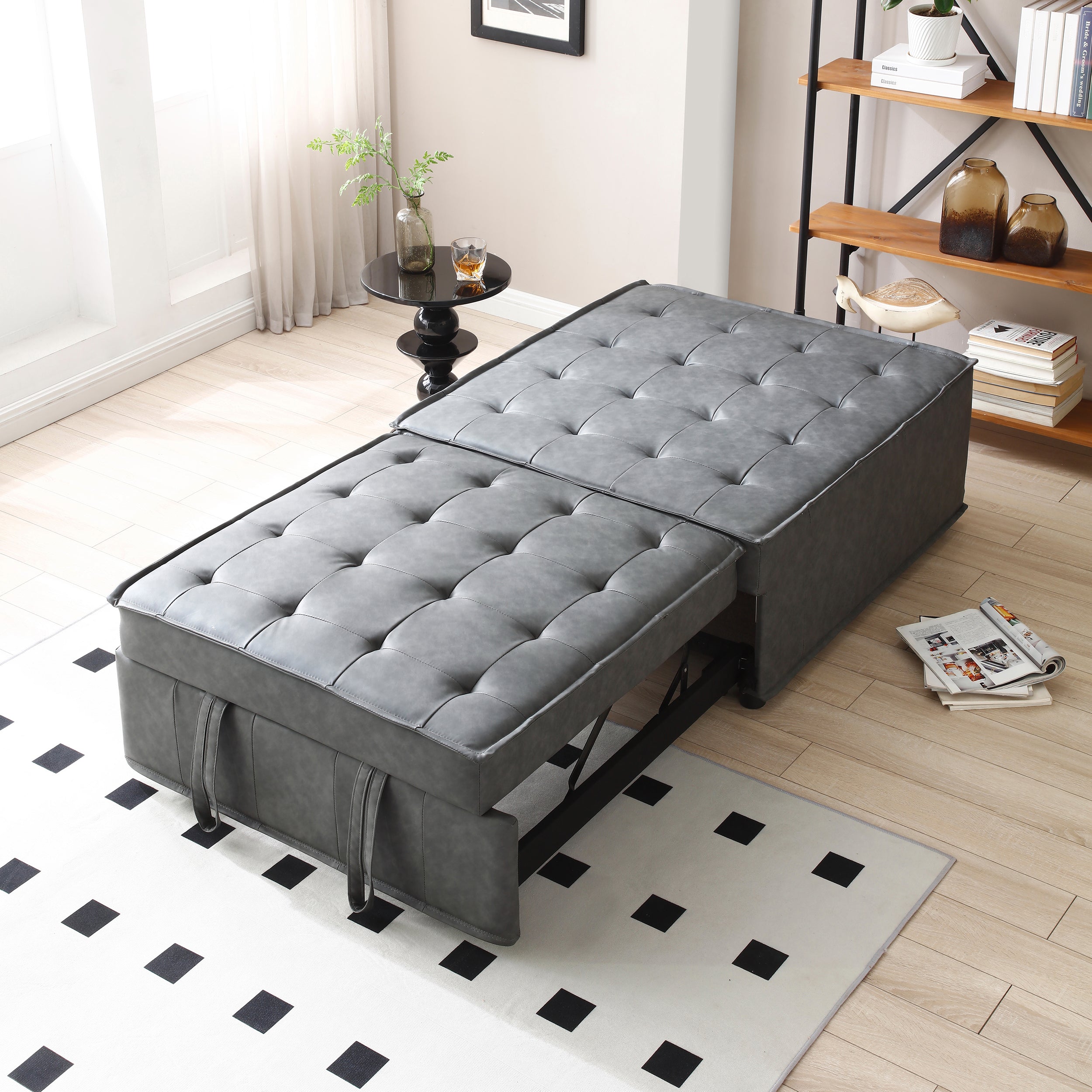 Multipurpose Faux Leather Ottoman Lazy Chair Pulling Out Sofa Bed (Dark Grey)