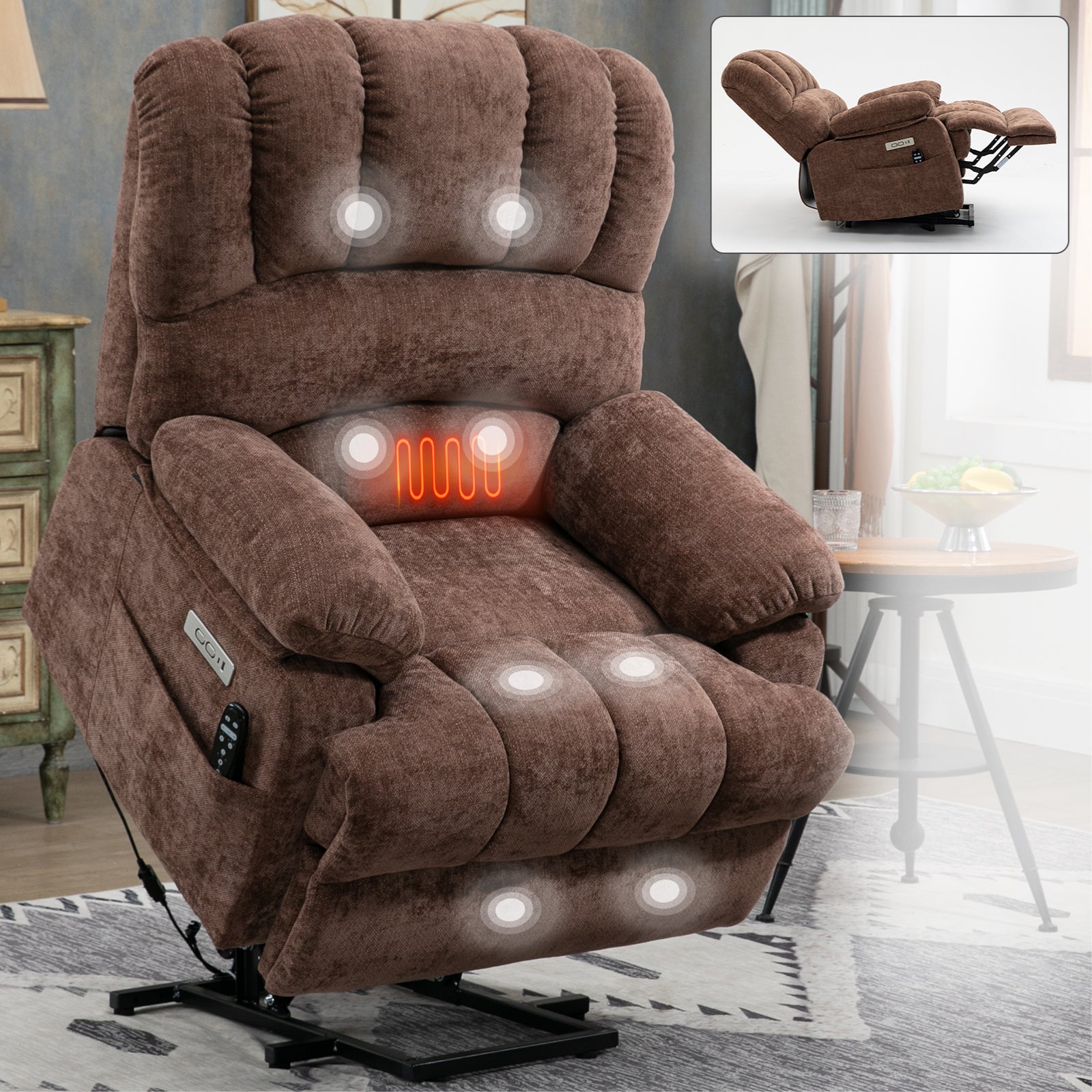 23" Seat Width and High Back Large Size Chenille Power Lift Recliner Chair with 8-Point Vibration Massage and Lumbar Heating, Brown